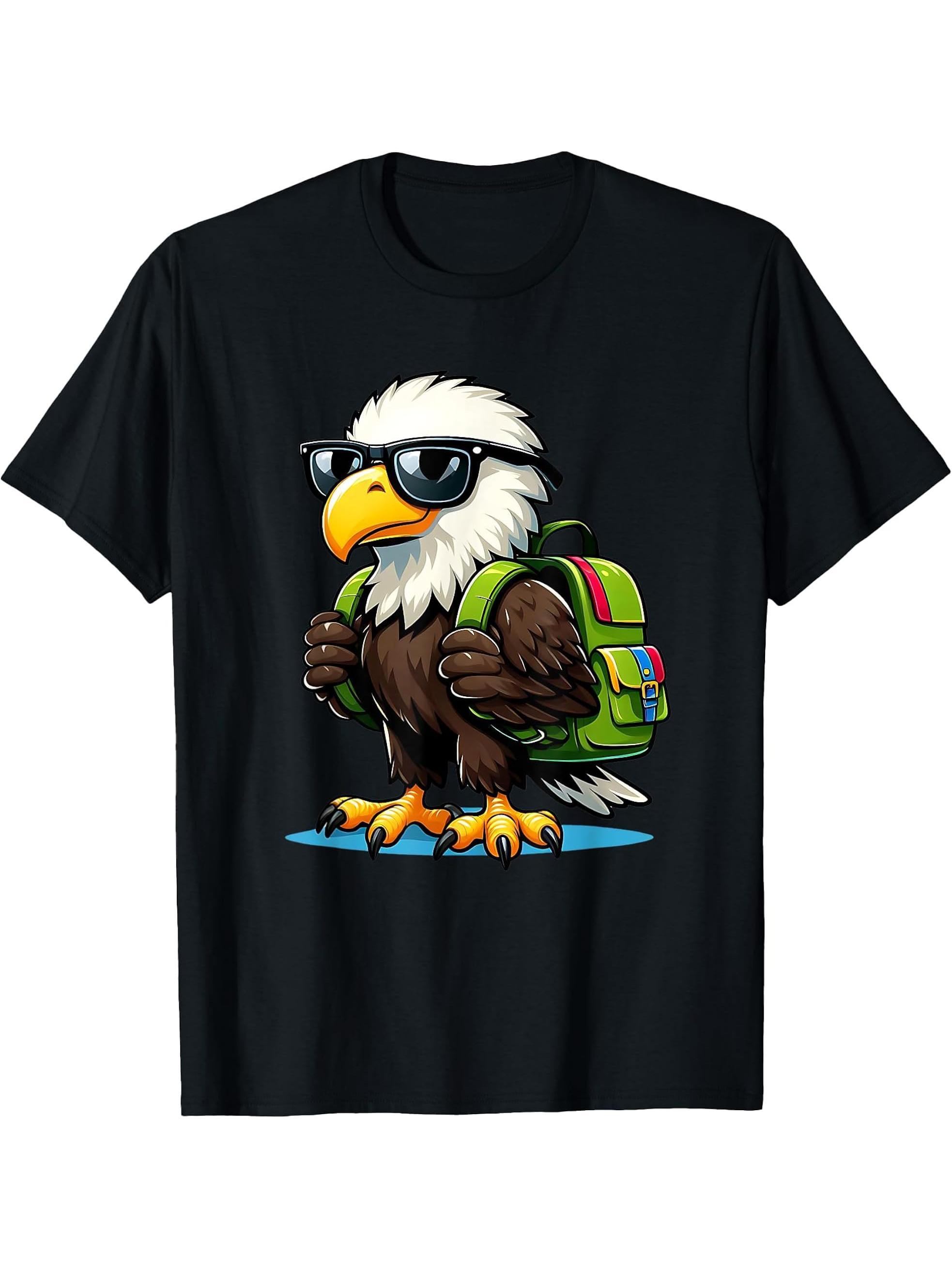 funny Eagle First Day of School Teacher Back To School Eagle T-Shirt 180G 100% Cotton Printed Round Neck Short-Sleeve T-Shirt, Gifts for Men Dad Husband Grandpa, S-XXXL, Black