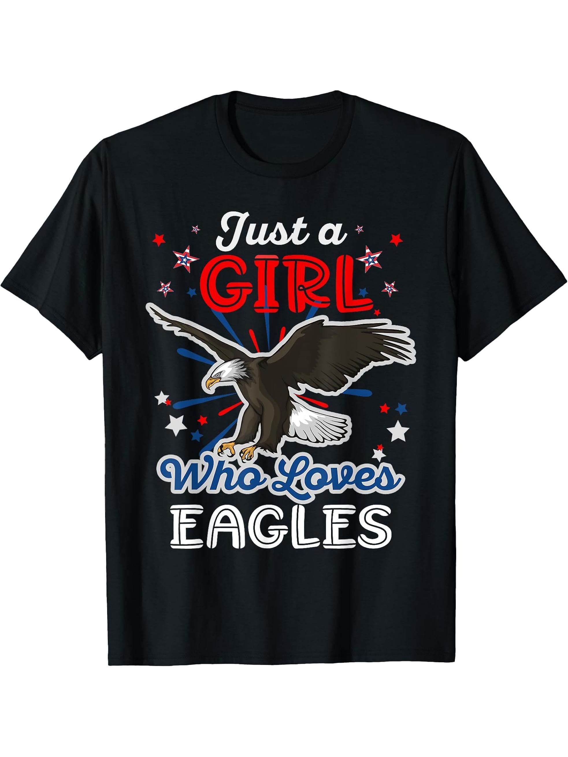 Just a Girl Who Loves Eagles American Girls Women Bald Eagle T-Shirt 180G 100% Cotton Printed Round Neck Short-Sleeve T-Shirt, Gifts for Men Dad Husband Grandpa, S-XXXL, Black