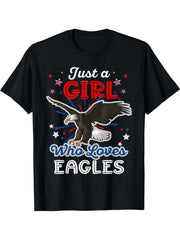 Just a Girl Who Loves Eagles American Girls Women Bald Eagle T-Shirt 180G 100% Cotton Printed Round Neck Short-Sleeve T-Shirt, Gifts for Men Dad Husband Grandpa, S-XXXL, Black