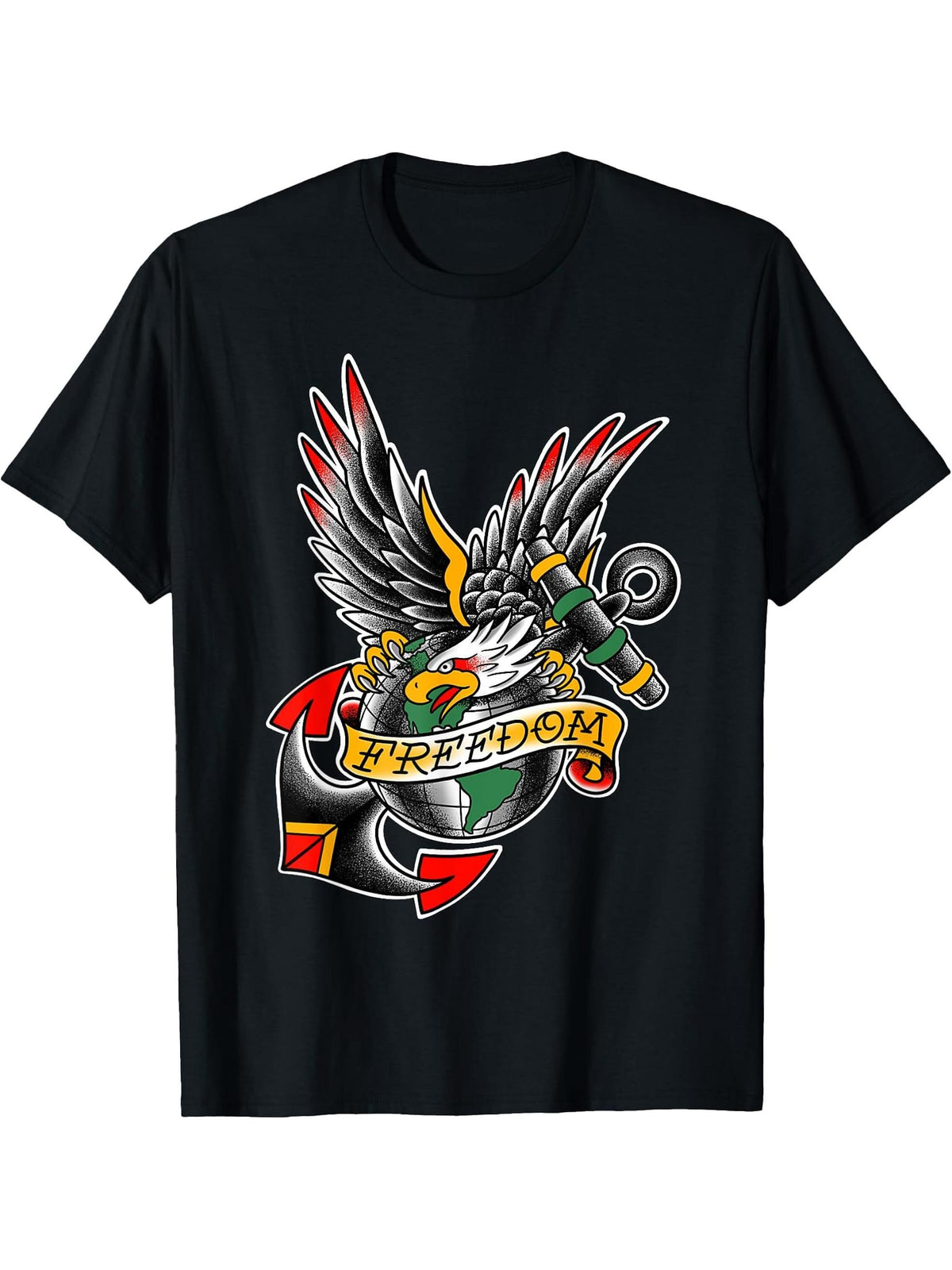 USA Traditional Tattoo style Bald Eagle (Freedom) T-shirt T-Shirt 180G 100% Cotton Printed Round Neck Short-Sleeve T-Shirt, Gifts for Men Dad Husband Grandpa, S-XXXL, Black