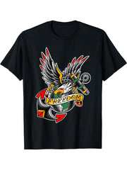 USA Traditional Tattoo style Bald Eagle (Freedom) T-shirt T-Shirt 180G 100% Cotton Printed Round Neck Short-Sleeve T-Shirt, Gifts for Men Dad Husband Grandpa, S-XXXL, Black