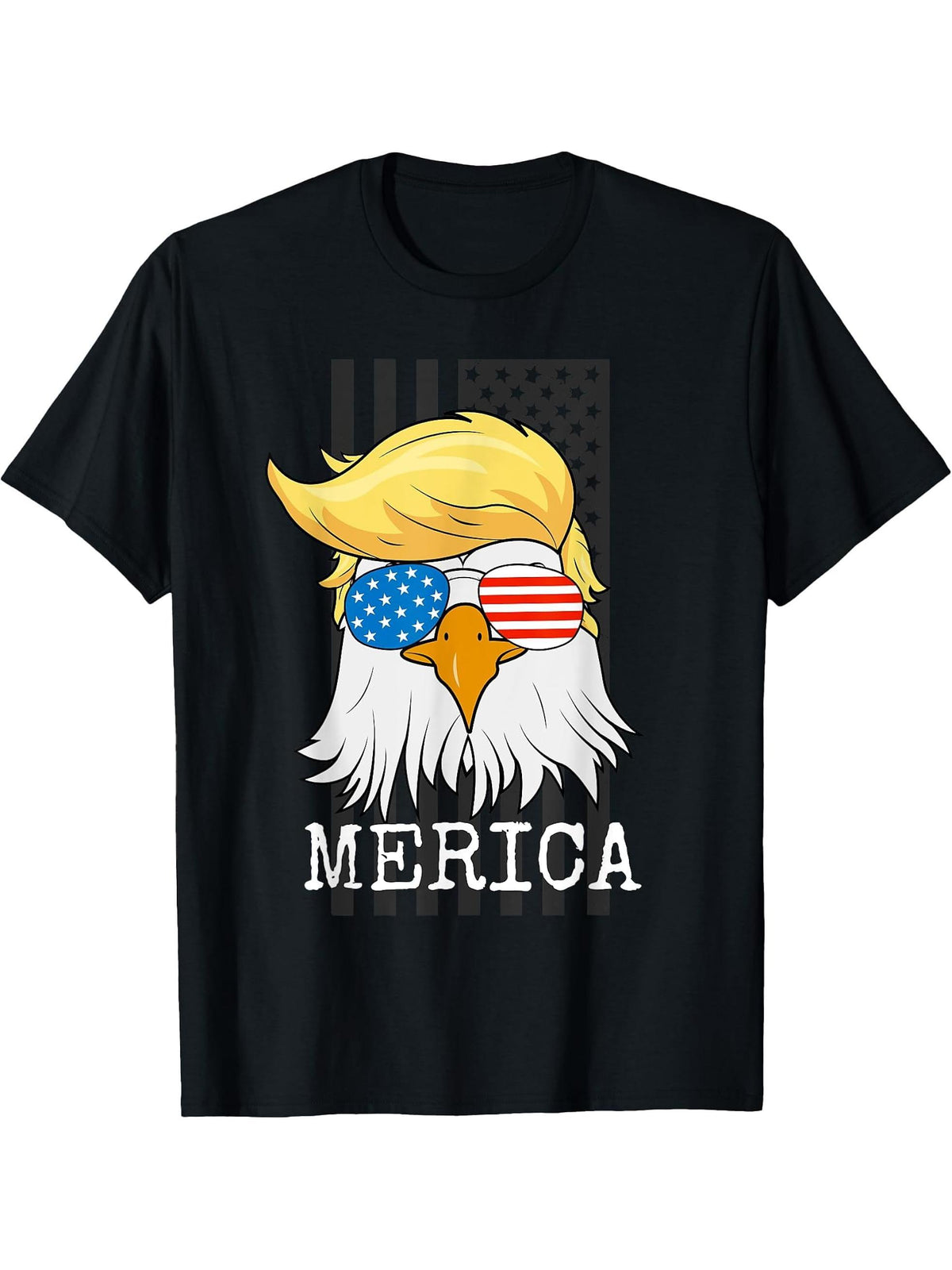 Merica Bald Eagle 4th of July Trump American Flag Funny Gift T-Shirt 180G 100% Cotton Printed Round Neck Short-Sleeve T-Shirt, Gifts for Men Dad Husband Grandpa, S-XXXL, Black