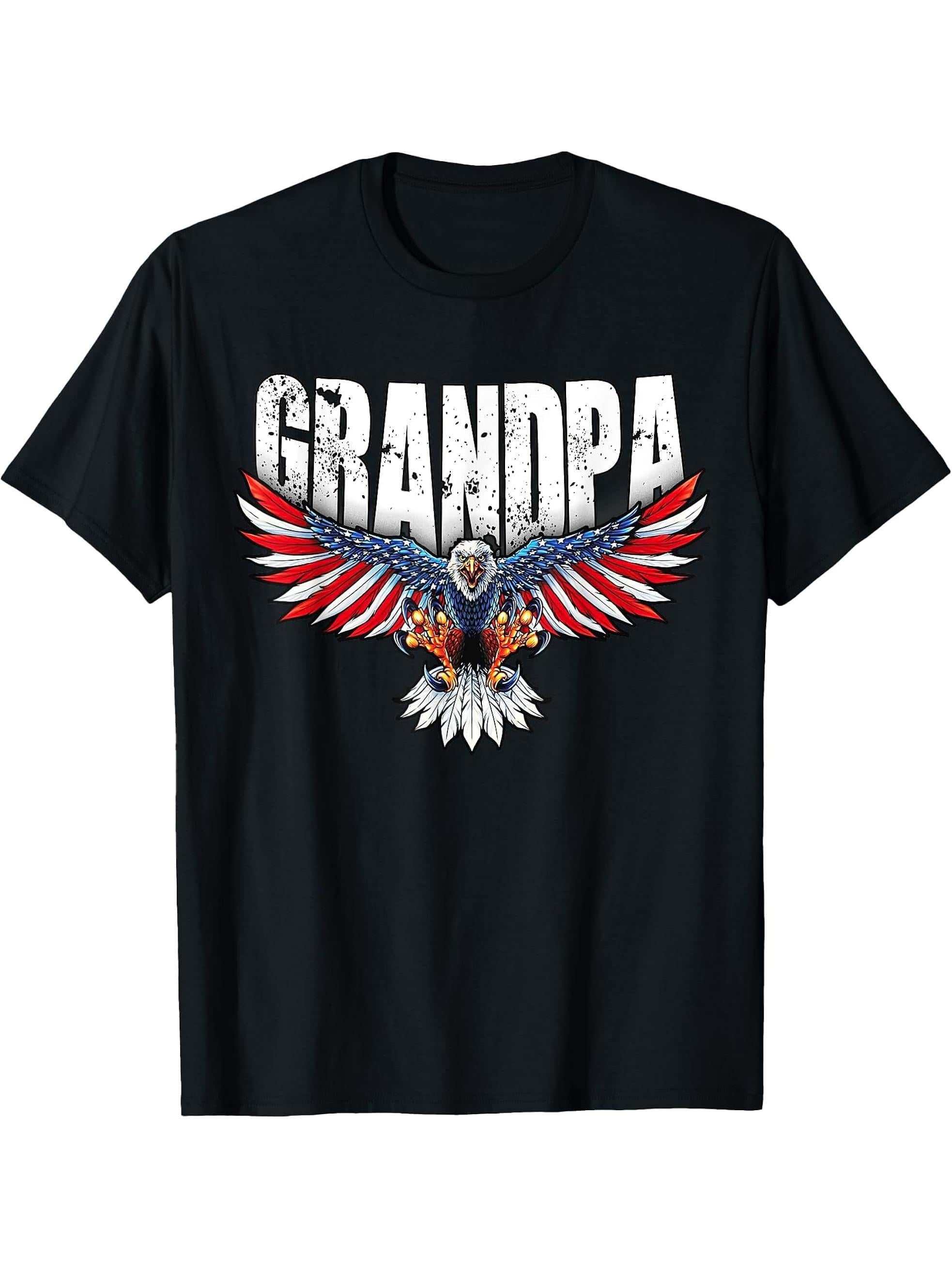 Grandpa Vintage USA Flag Bald Eagle Patriotic 4th of July T-Shirt 180G 100% Cotton Printed Round Neck Short-Sleeve T-Shirt, Gifts for Men Dad Husband Grandpa, S-XXXL, Black