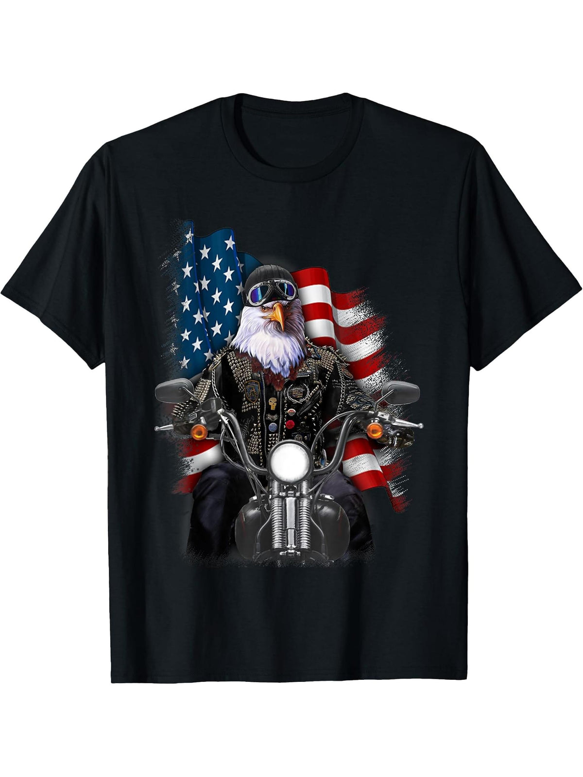 America Bald Eagle as Biker Riding Motorcycle T-Shirt 180G 100% Cotton Printed Round Neck Short-Sleeve T-Shirt, Gifts for Men Dad Husband Grandpa, S-XXXL, Black