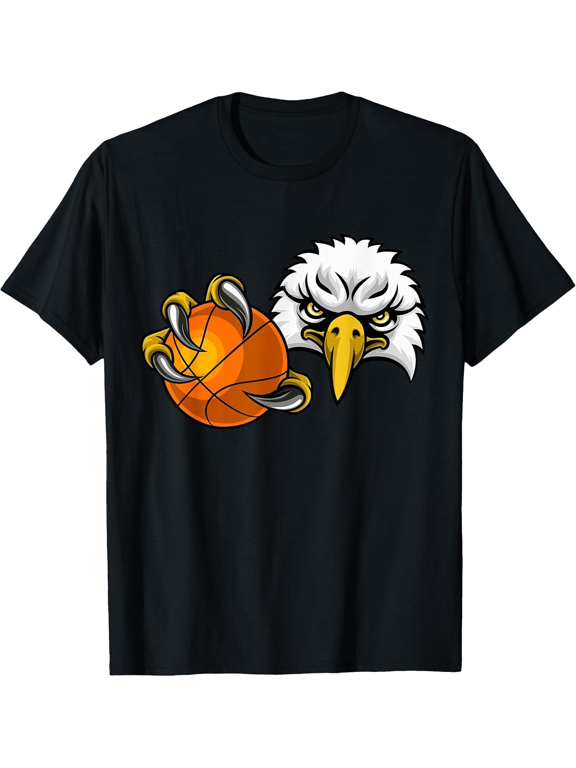 Eagle Hawk Basketball Ball Bald Eagles Cartoon T-Shirt 180G 100% Cotton Printed Round Neck Short-Sleeve T-Shirt, Gifts for Men Dad Husband Grandpa, S-XXXL, Black