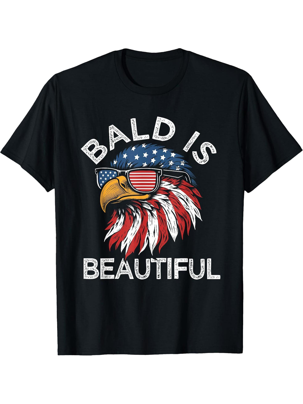 Funny Bald Is Beautiful Eagle American Flag USA 4th of July T-Shirt 180G 100% Cotton Printed Round Neck Short-Sleeve T-Shirt, Gifts for Men Dad Husband Grandpa, S-XXXL, Black