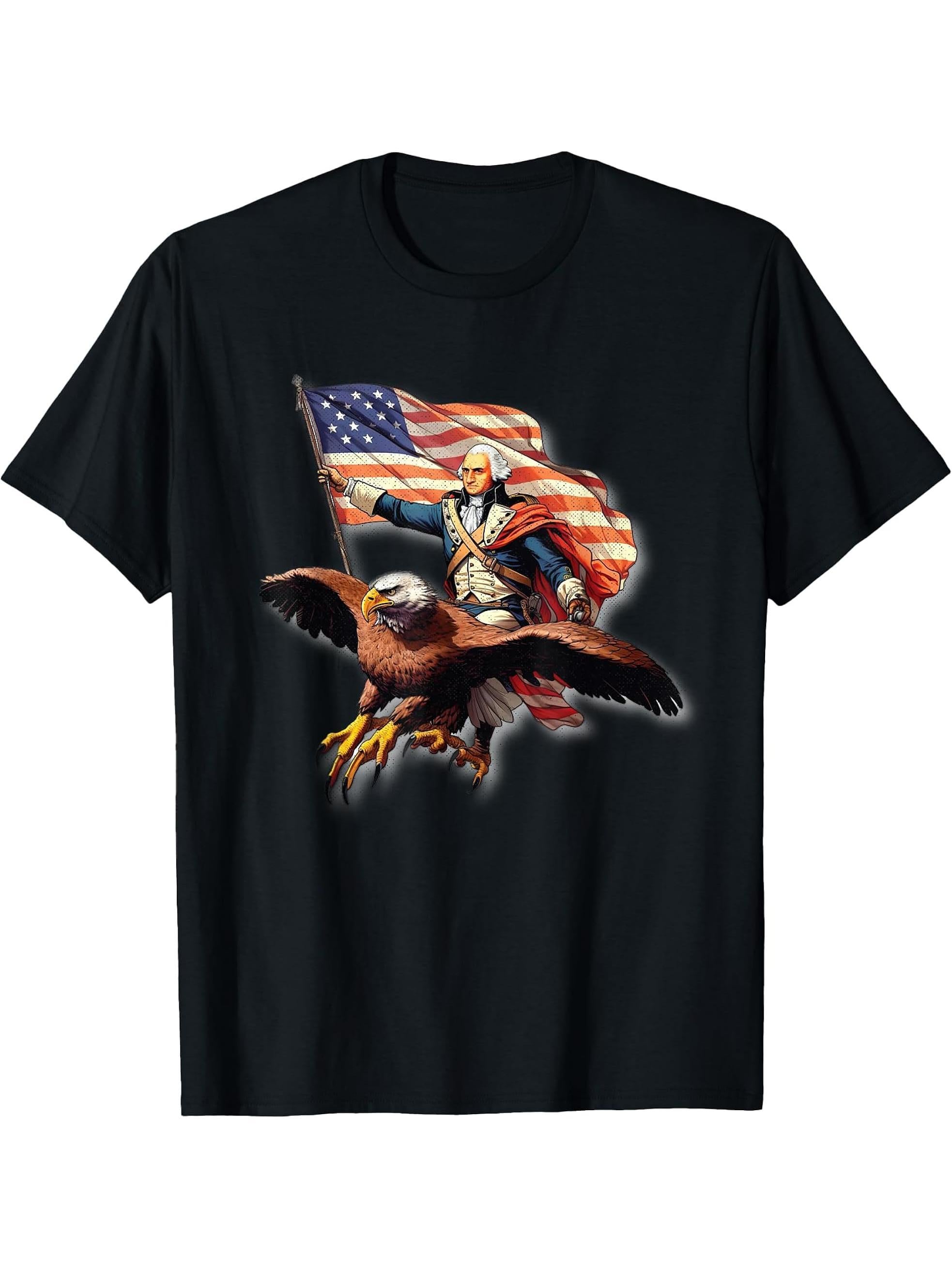George Washington Riding A Bald Eagle Patriotic Woman Man T-Shirt 180G 100% Cotton Printed Round Neck Short-Sleeve T-Shirt, Gifts for Men Dad Husband Grandpa, S-XXXL, Black