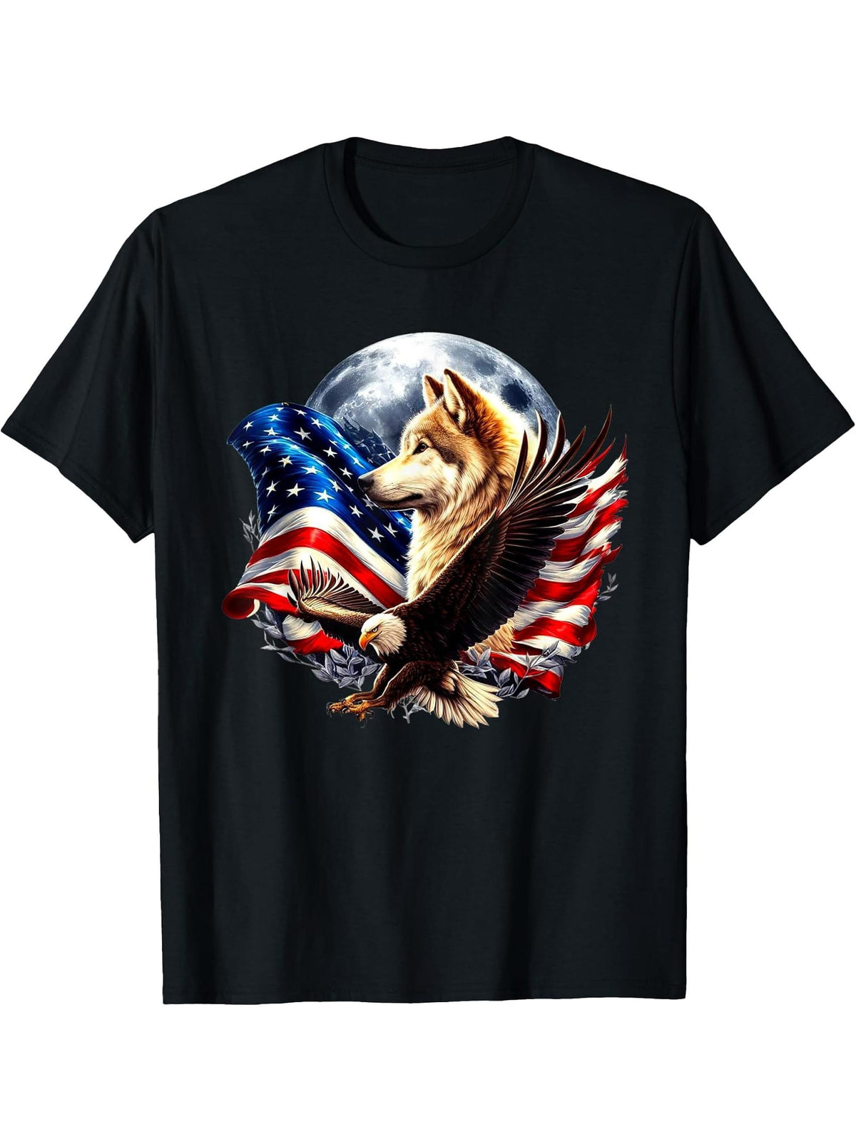 Wolf Bald Eagle American Flag Full Moon New Years Wolf Lover T-Shirt 180G 100% Cotton Printed Round Neck Short-Sleeve T-Shirt, Gifts for Men Dad Husband Grandpa, S-XXXL, Black