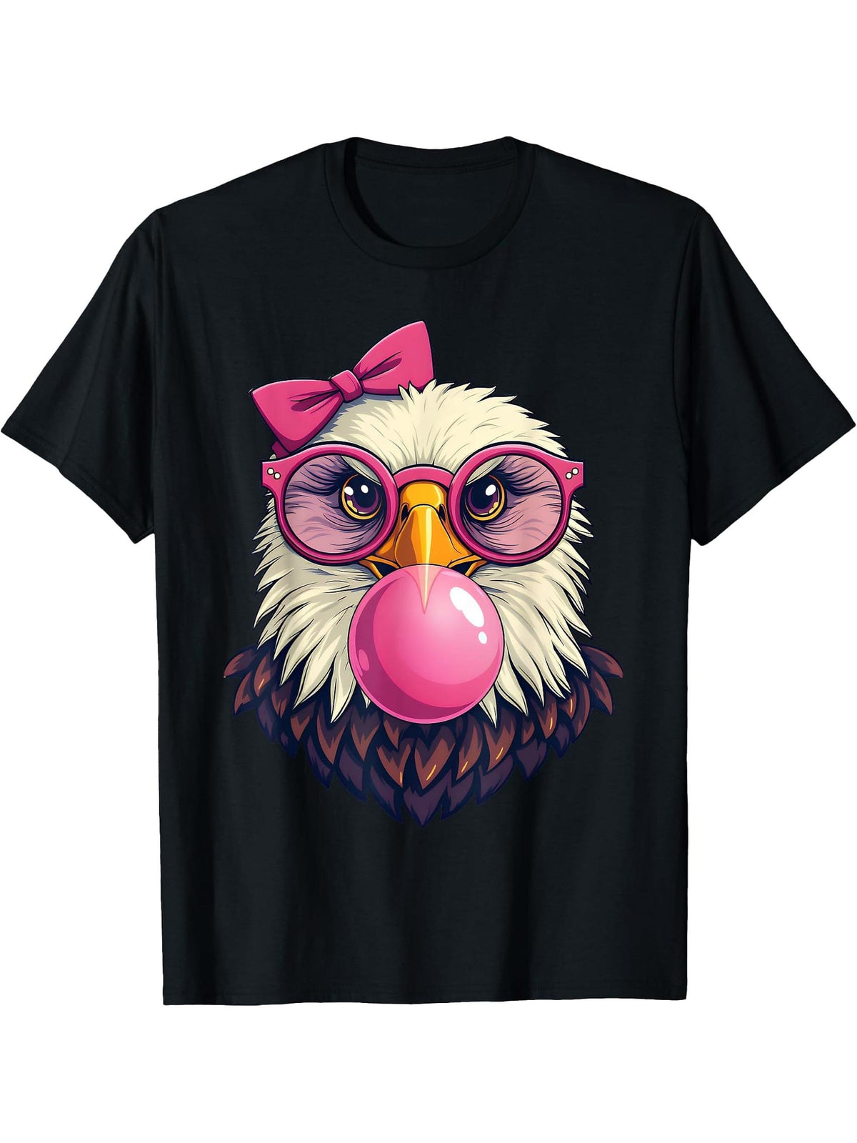 Cute Girl Bald Eagle Glasses Pink Bow Bubble Gum Eagle Lover T-Shirt 180G 100% Cotton Printed Round Neck Short-Sleeve T-Shirt, Gifts for Men Dad Husband Grandpa, S-XXXL, Black