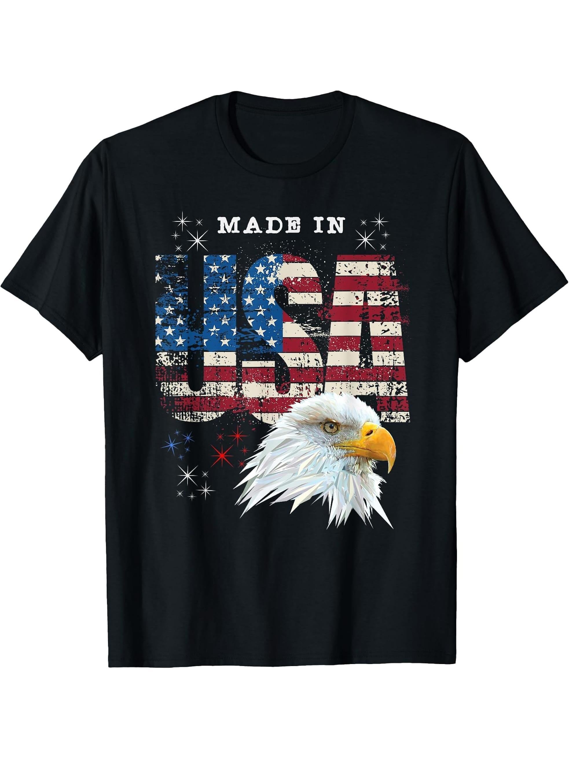 Made In USA Patriotic American Flag Bald Eagle America T-Shirt 180G 100% Cotton Printed Round Neck Short-Sleeve T-Shirt, Gifts for Men Dad Husband Grandpa, S-XXXL, Black
