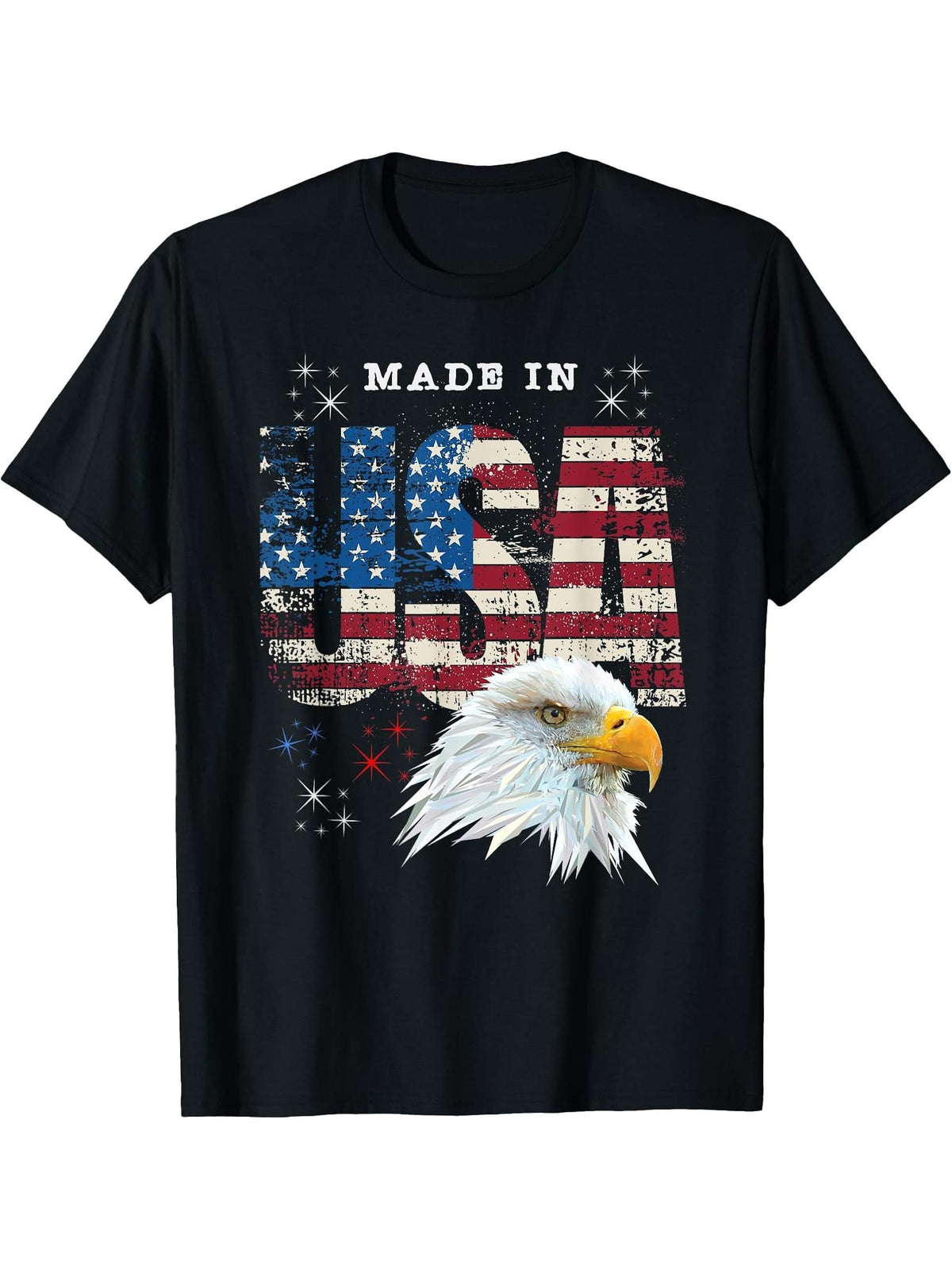 Made In USA Patriotic American Flag Bald Eagle America T-Shirt 180G 100% Cotton Printed Round Neck Short-Sleeve T-Shirt, Gifts for Men Dad Husband Grandpa, S-XXXL, Black