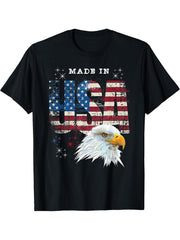 Made In USA Patriotic American Flag Bald Eagle America T-Shirt 180G 100% Cotton Printed Round Neck Short-Sleeve T-Shirt, Gifts for Men Dad Husband Grandpa, S-XXXL, Black