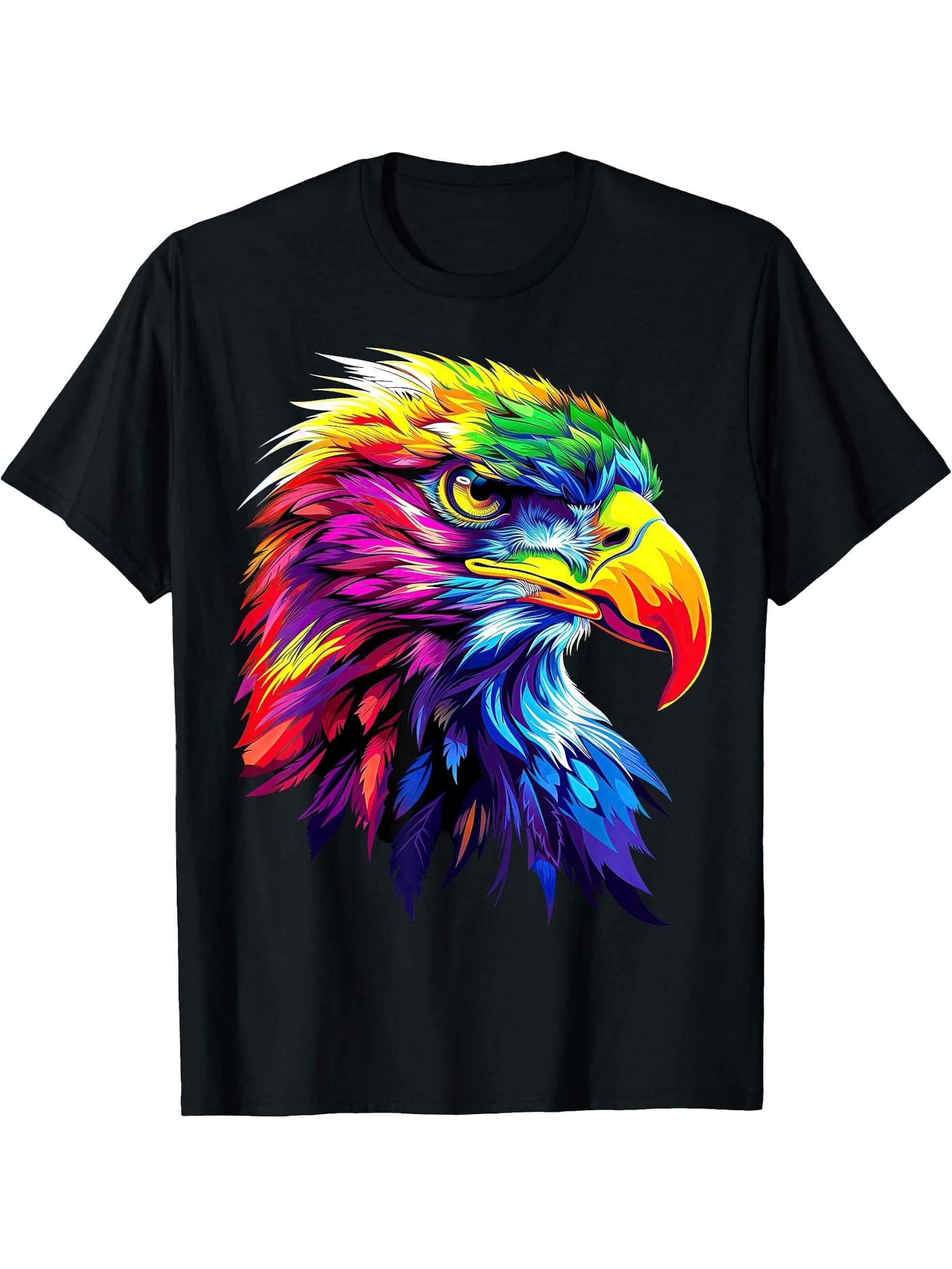 Eagle Pop Art Rainbow Colors Falconer Hunter Bald Eagle T-Shirt, Small, Black 180G 100% Cotton Printed Round Neck Short-Sleeve T-Shirt, Gifts for Men Dad Husband Grandpa, S-XXXL, Black