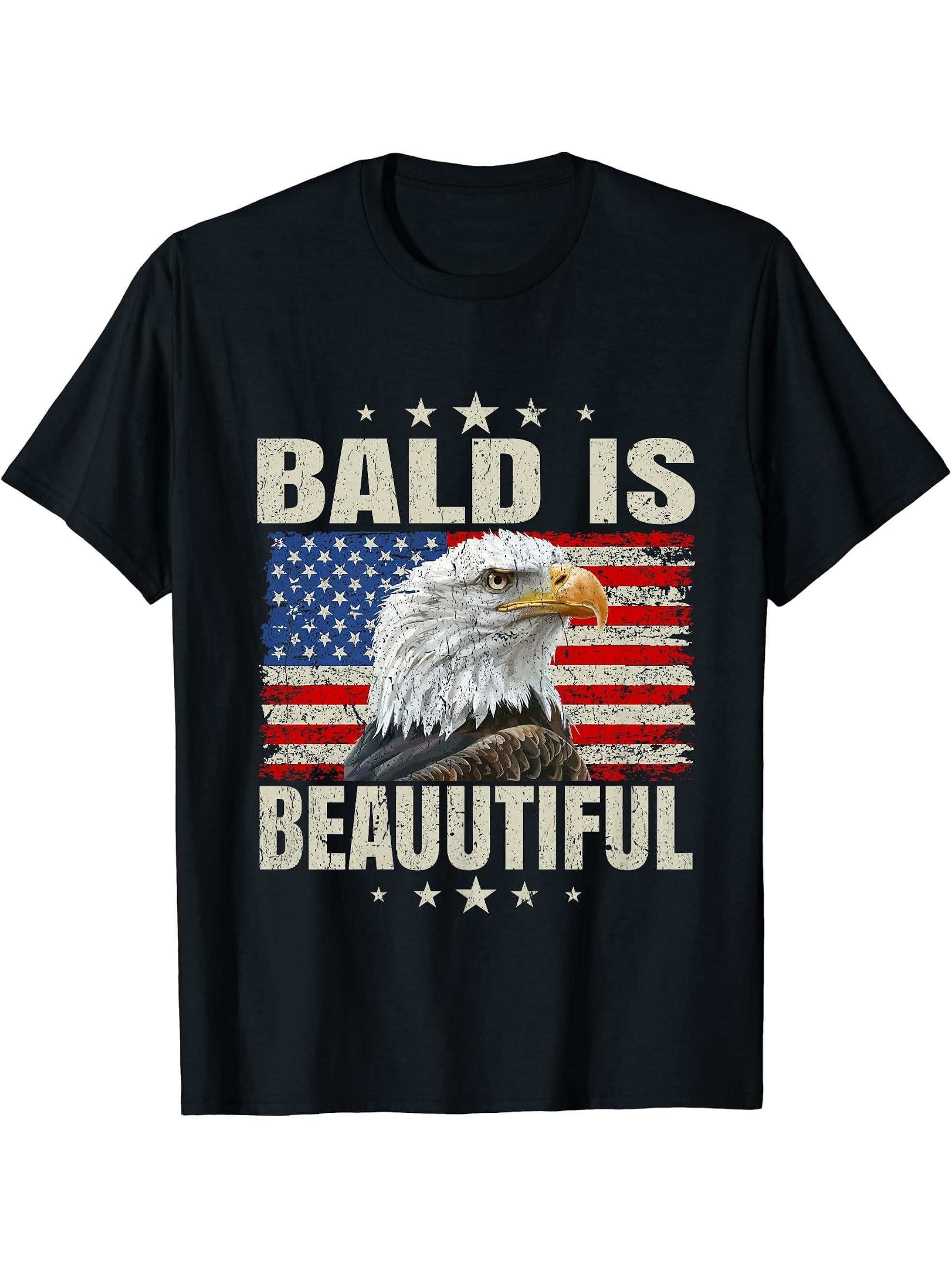 Bald Is Beautiful 4th of July Independence Day Bald Eagle T-Shirt 180G 100% Cotton Printed Round Neck Short-Sleeve T-Shirt, Gifts for Men Dad Husband Grandpa, S-XXXL, Black