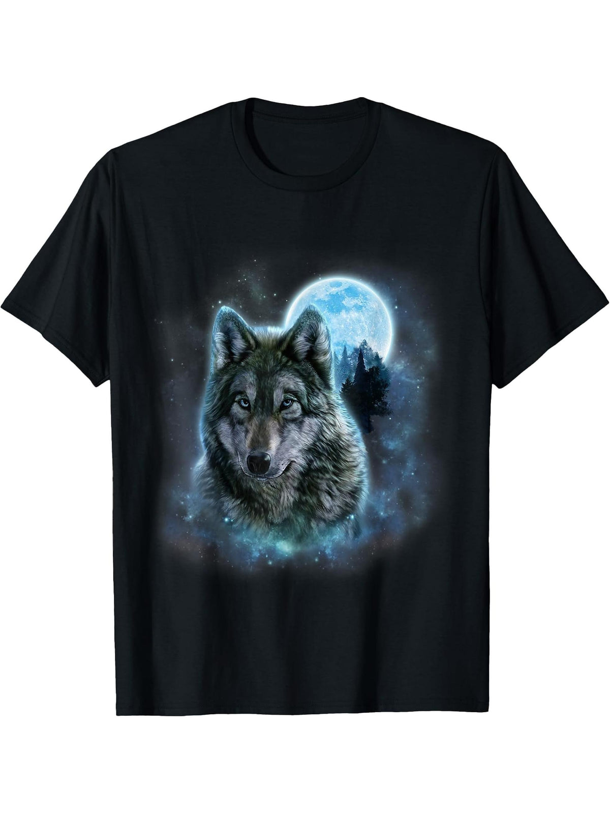 T-Shirt, Grey Wolf Hunting Ground, Icy Moon, Forest, Galaxy T-Shirt 180G 100% Cotton Printed Round Neck Short-Sleeve T-Shirt, Gifts for Men Dad Husband Grandpa, S-XXXL, Black