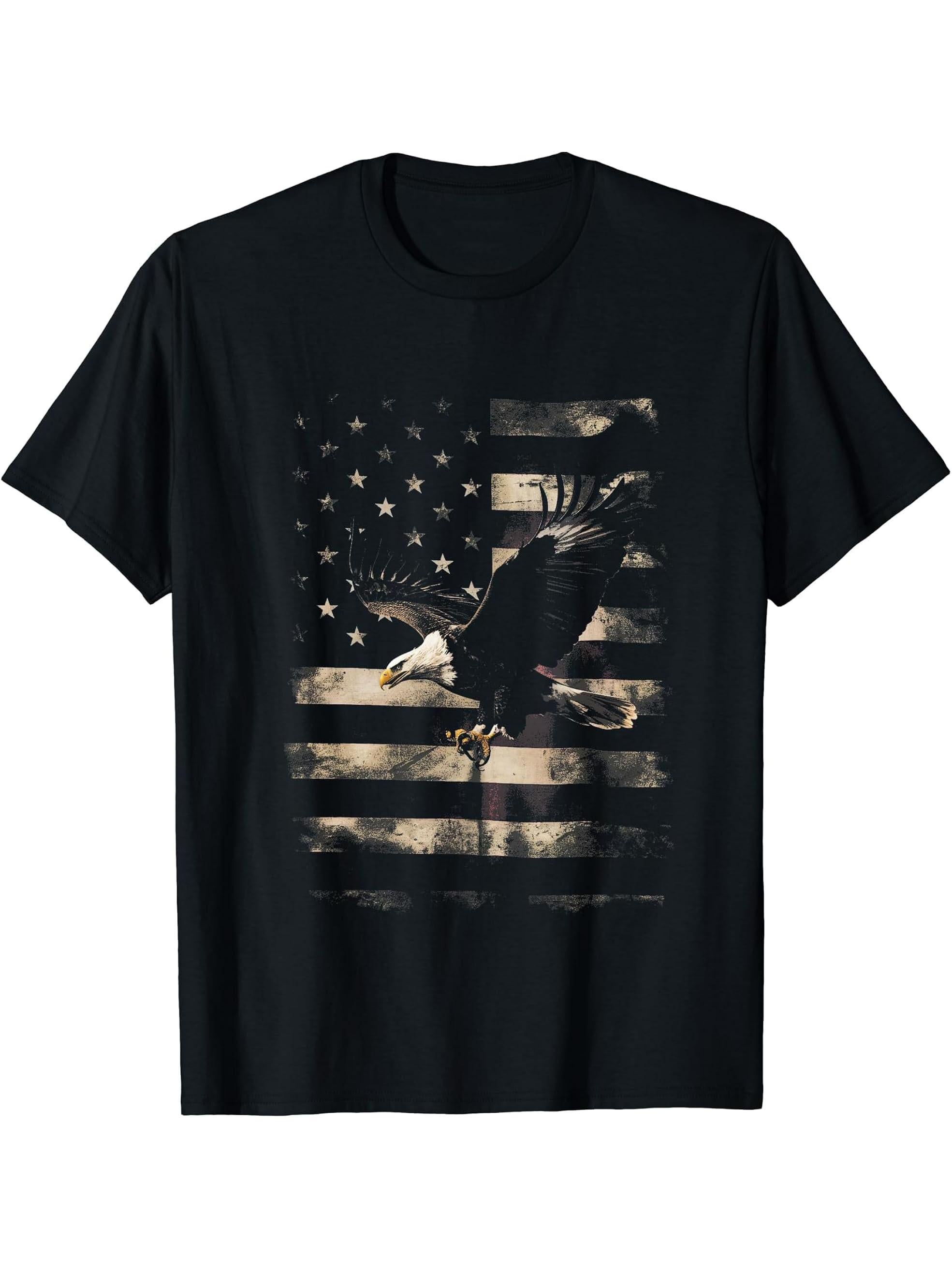 Bald Eagle 4th of July USA Flag Patriotic Distressed Gifts T-Shirt 180G 100% Cotton Printed Round Neck Short-Sleeve T-Shirt, Gifts for Men Dad Husband Grandpa, S-XXXL, Black