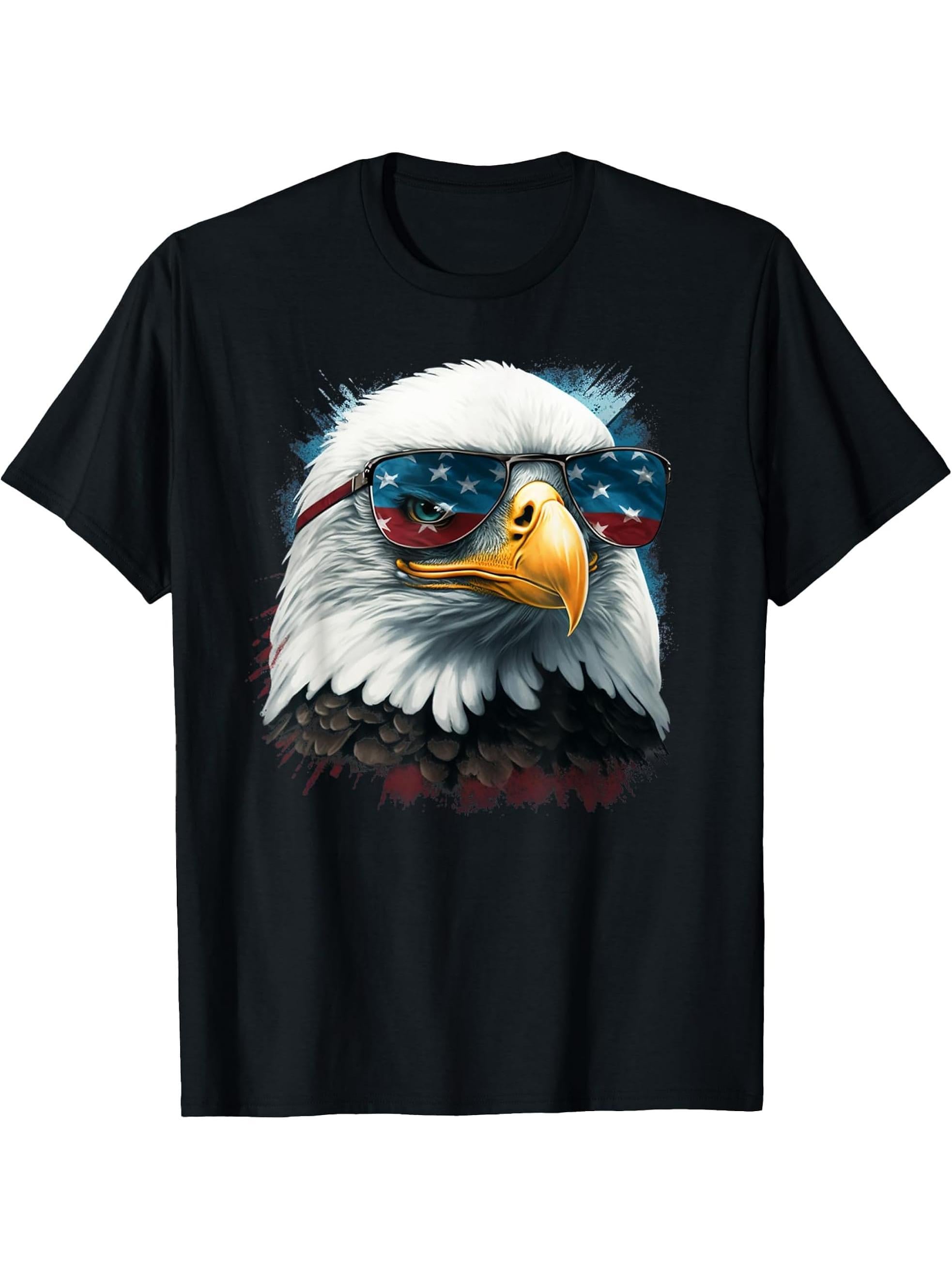 American Bald Eagle USA Flag Shirt 4th of July Eagle USA T-Shirt 180G 100% Cotton Printed Round Neck Short-Sleeve T-Shirt, Gifts for Men Dad Husband Grandpa, S-XXXL, Black