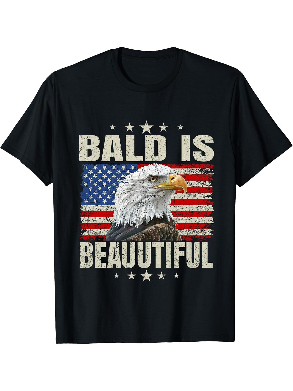 Bald Is Beautiful 4th of July Independence Day Bald Eagle T-Shirt 180G 100% Cotton Printed Round Neck Short-Sleeve T-Shirt, Gifts for Men Dad Husband Grandpa, S-XXXL, Black
