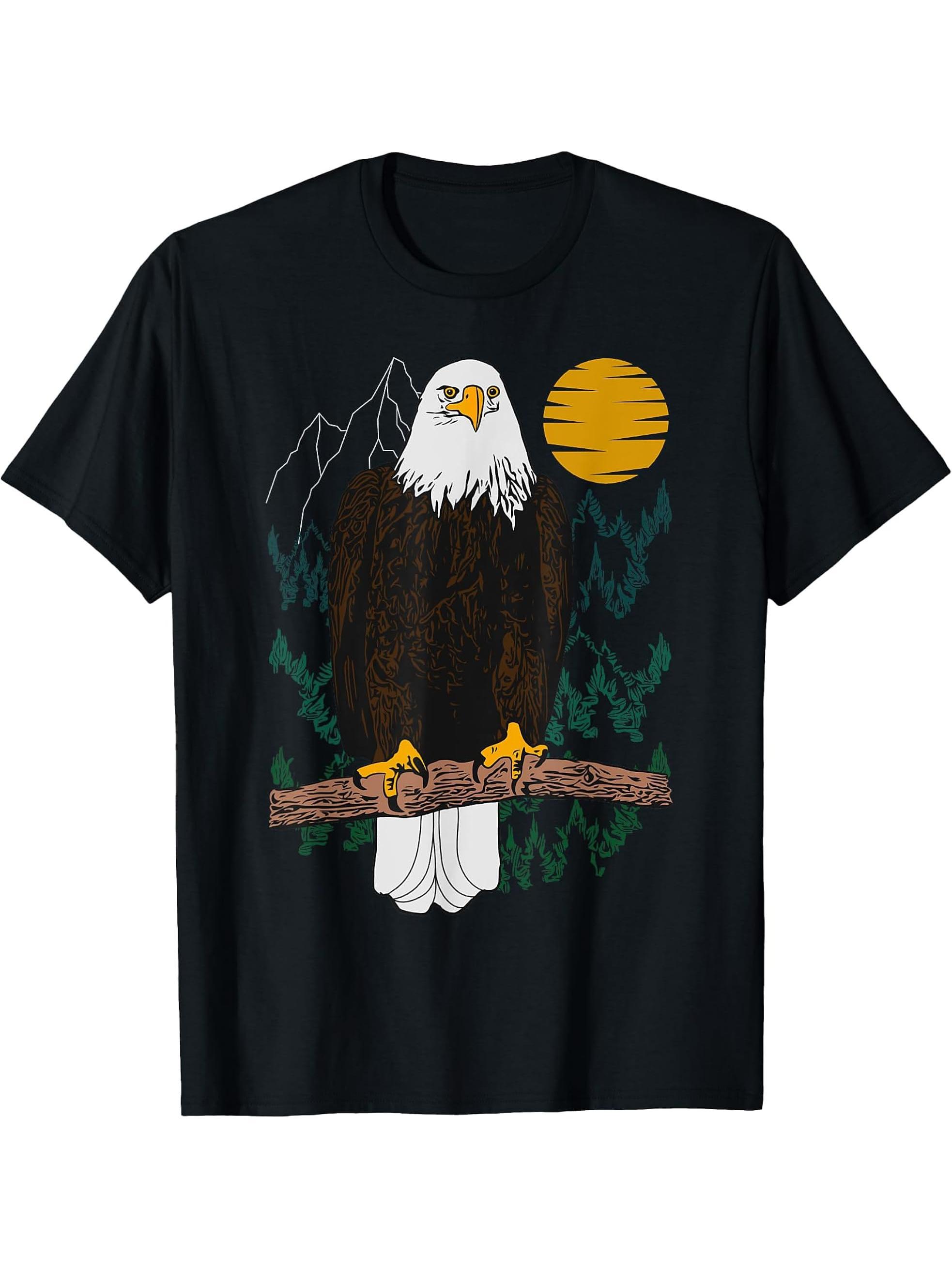 Bald eagle Design forest animal american tree art Graphic T-Shirt 180G 100% Cotton Printed Round Neck Short-Sleeve T-Shirt, Gifts for Men Dad Husband Grandpa, S-XXXL, Black