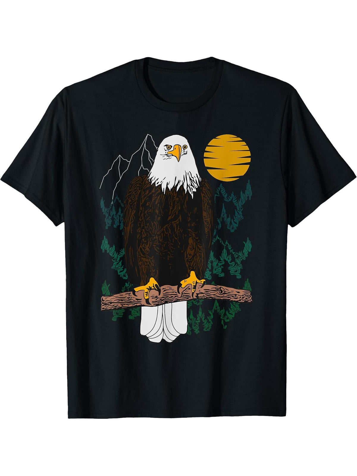 Bald eagle Design forest animal american tree art Graphic T-Shirt 180G 100% Cotton Printed Round Neck Short-Sleeve T-Shirt, Gifts for Men Dad Husband Grandpa, S-XXXL, Black