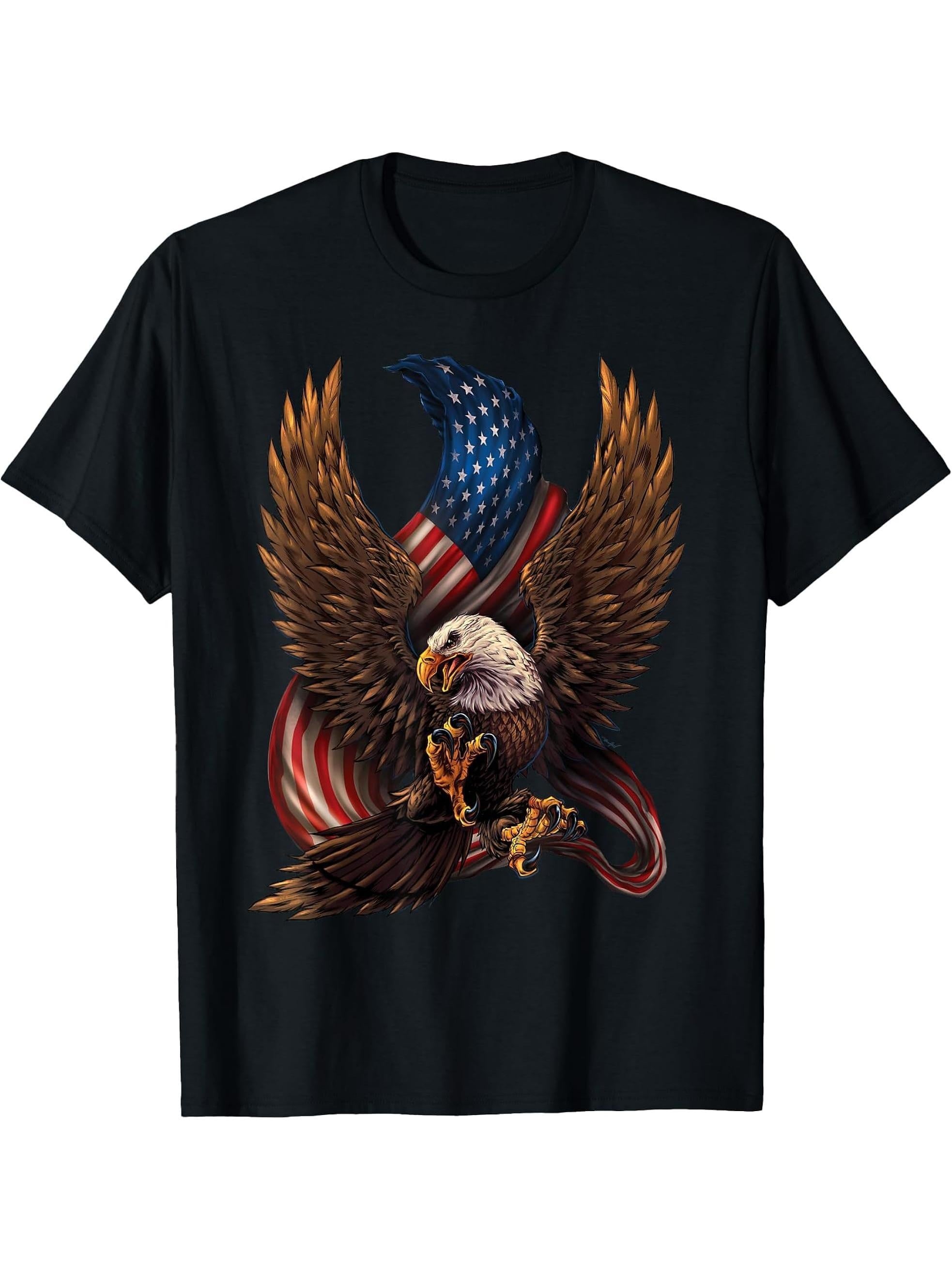 Patriotic American Design With Eagle And Flag T-Shirt 180G 100% Cotton Printed Round Neck Short-Sleeve T-Shirt, Gifts for Men Dad Husband Grandpa, S-XXXL, Black