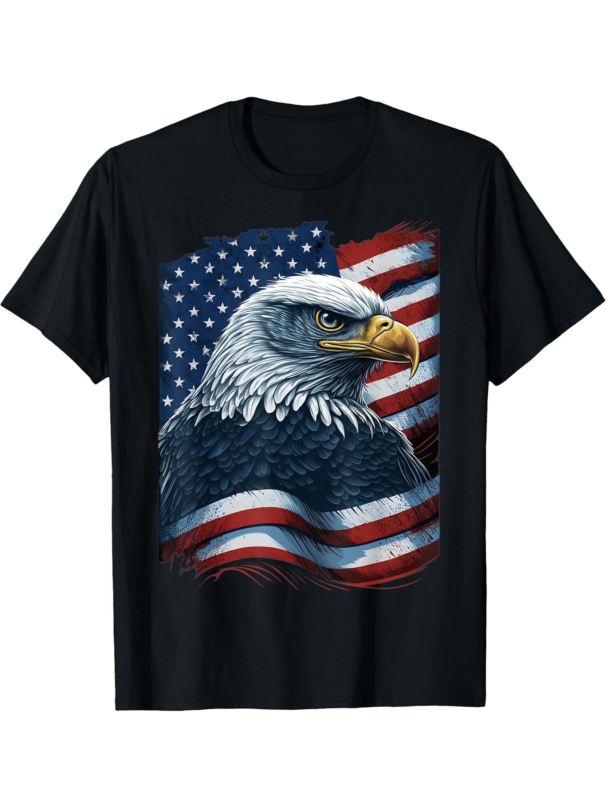 Bald Eagle Proud Patriotic American US Flag 4th Of July T-Shirt 180G 100% Cotton Printed Round Neck Short-Sleeve T-Shirt, Gifts for Men Dad Husband Grandpa, S-XXXL, Black