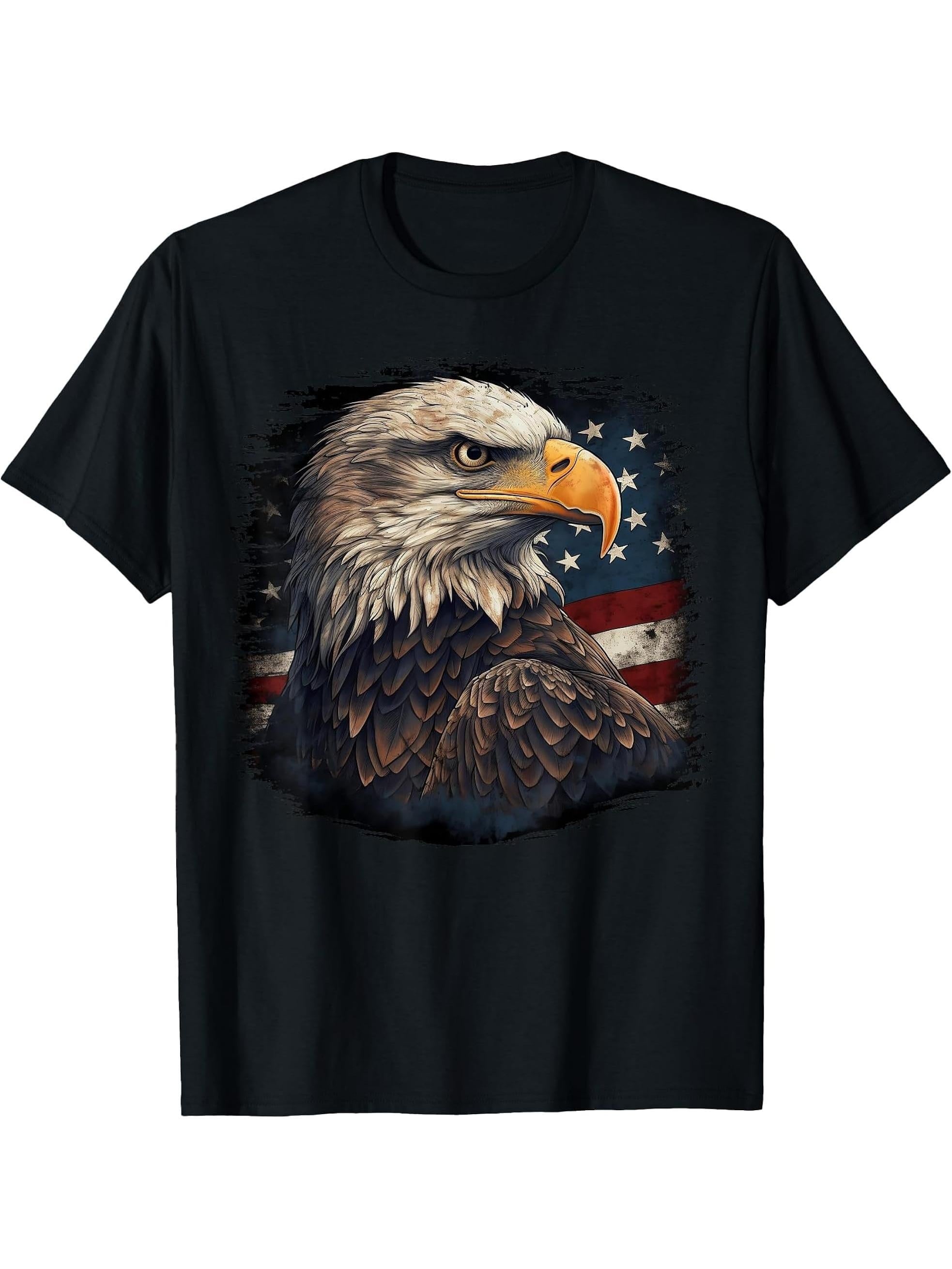Bald Eagle US American Flag 4th Of July Proud Patriotic Tee T-Shirt 180G 100% Cotton Printed Round Neck Short-Sleeve T-Shirt, Gifts for Men Dad Husband Grandpa, S-XXXL, Black