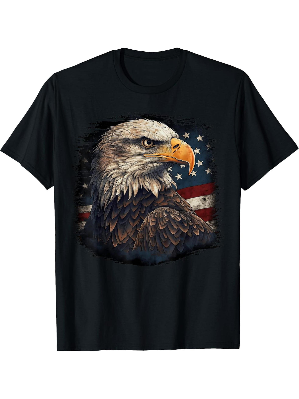 Bald Eagle US American Flag 4th Of July Proud Patriotic Tee T-Shirt 180G 100% Cotton Printed Round Neck Short-Sleeve T-Shirt, Gifts for Men Dad Husband Grandpa, S-XXXL, Black