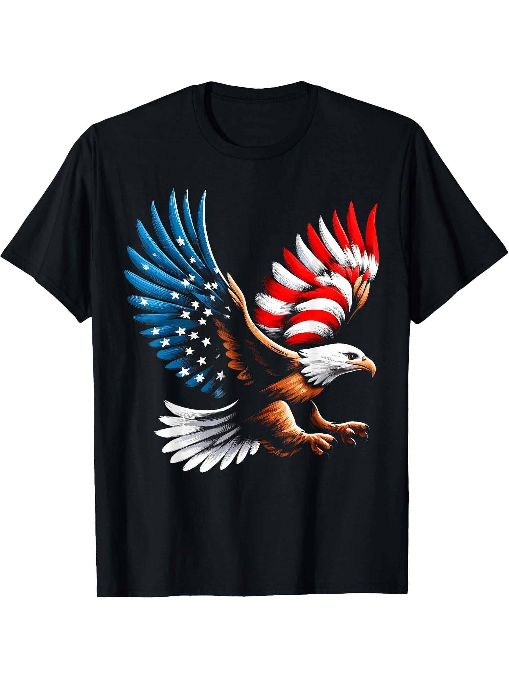 Bald Eagle & Patriotic American Flag 4th Of July T-Shirt 180G 100% Cotton Printed Round Neck Short-Sleeve T-Shirt, Gifts for Men Dad Husband Grandpa, S-XXXL, Black