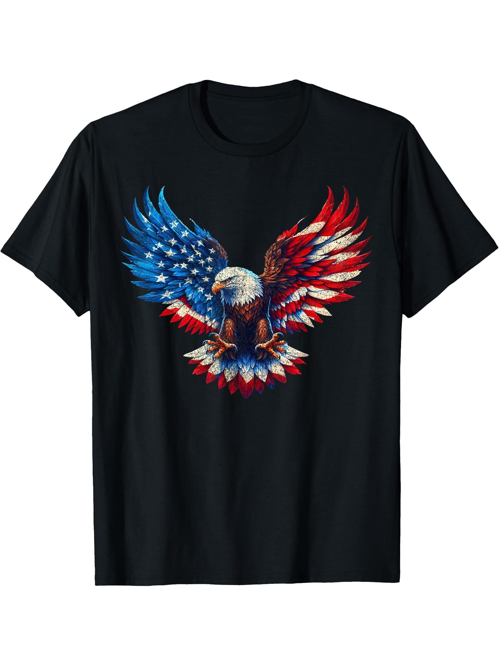 American Flag Bald Eagle Patriotic Eagle 4th of July USA T-Shirt 180G 100% Cotton Printed Round Neck Short-Sleeve T-Shirt, Gifts for Men Dad Husband Grandpa, S-XXXL, Black