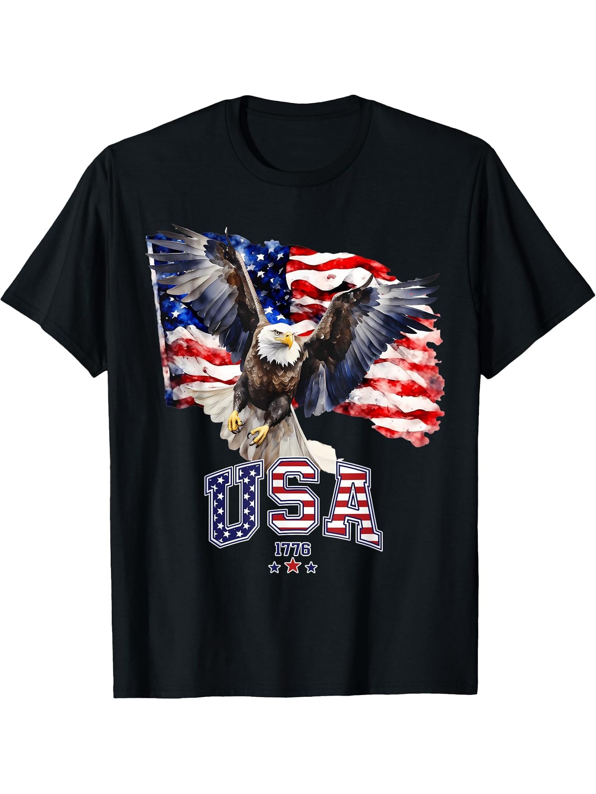 Majestic American Bald Eagle With Usa Flag 4Th Of July T-Shirt 180G 100% Cotton Printed Round Neck Short-Sleeve T-Shirt, Gifts for Men Dad Husband Grandpa, S-XXXL, Black