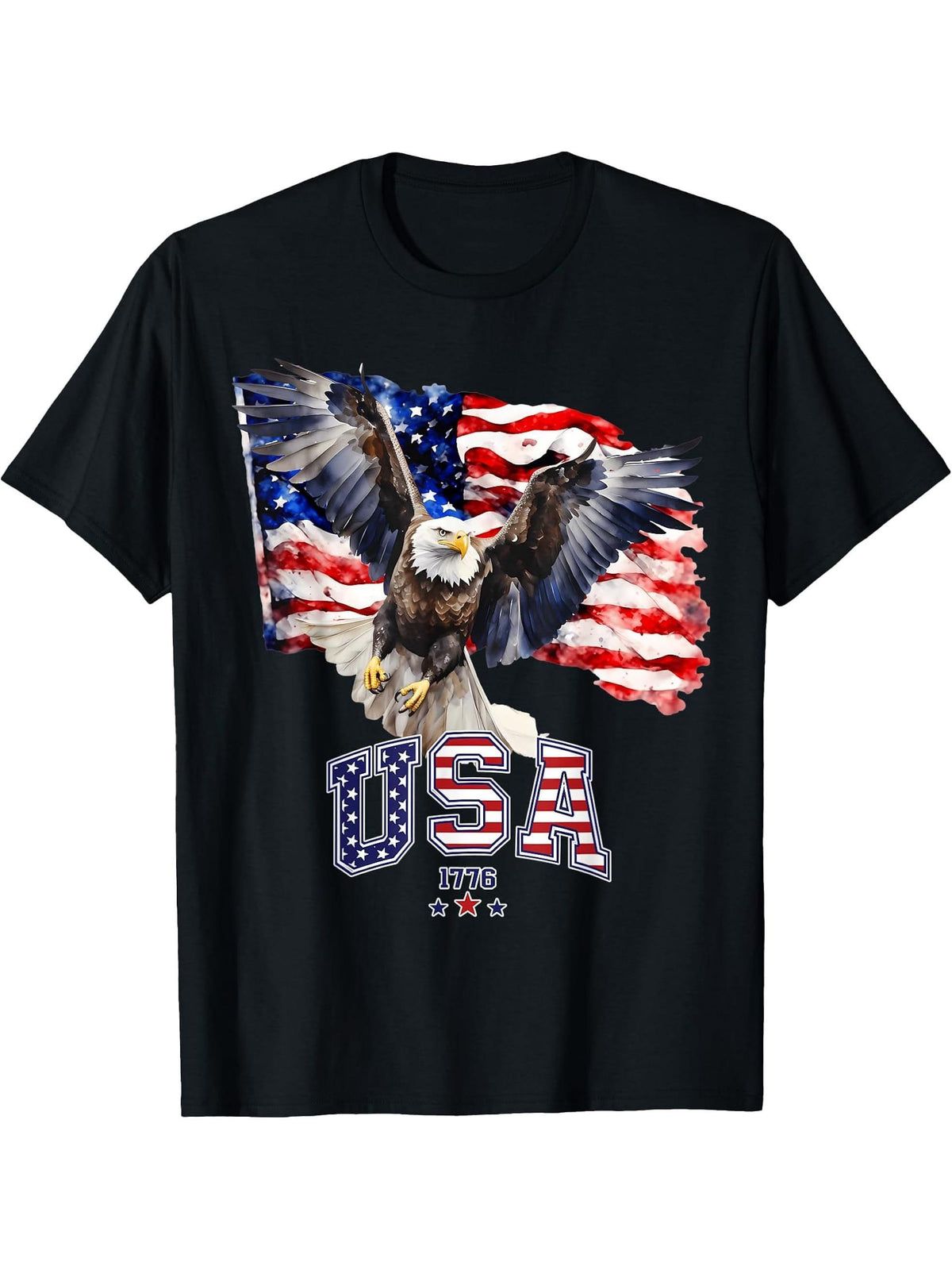 Majestic American Bald Eagle With Usa Flag 4Th Of July T-Shirt 180G 100% Cotton Printed Round Neck Short-Sleeve T-Shirt, Gifts for Men Dad Husband Grandpa, S-XXXL, Black