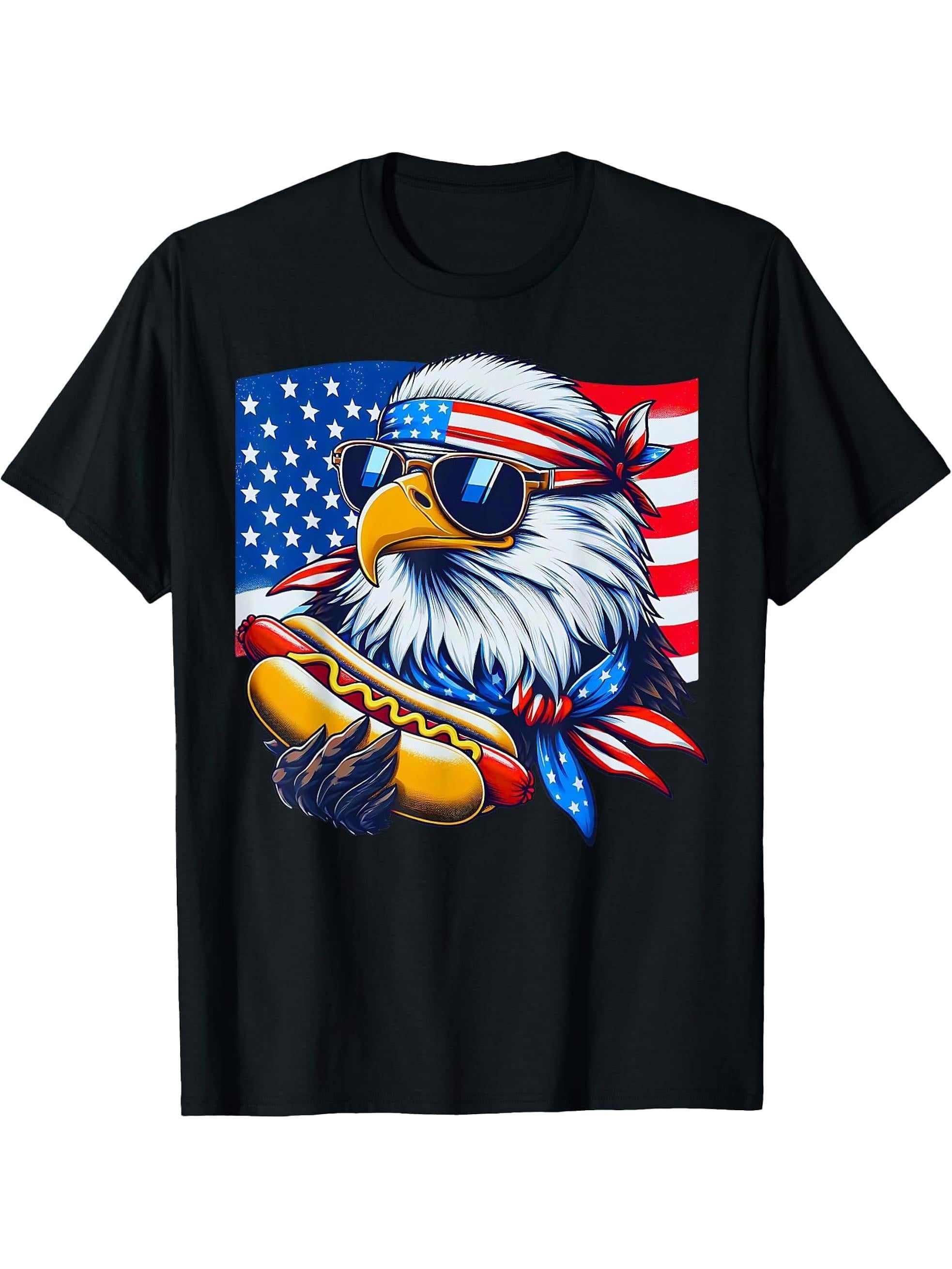 Funny Bald Eagle Hotdog American Flag 4th Of July Patriotic T-Shirt 180G 100% Cotton Printed Round Neck Short-Sleeve T-Shirt, Gifts for Men Dad Husband Grandpa, S-XXXL, Black