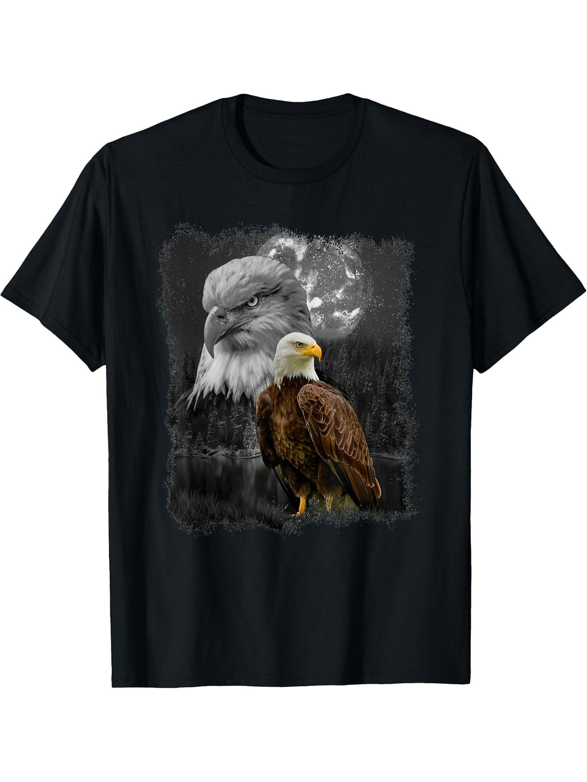 American Nature Bald Eagle Moon Sketch Wildlife Portrait T-Shirt 180G 100% Cotton Printed Round Neck Short-Sleeve T-Shirt, Gifts for Men Dad Husband Grandpa, S-XXXL, Black