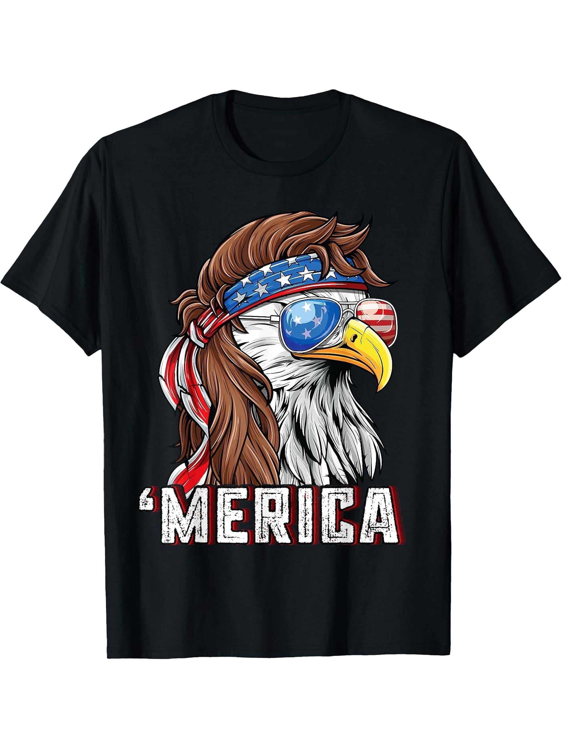 Merica USA American Flag Patriotic 4th of July Bald Eagle T-Shirt 180G 100% Cotton Printed Round Neck Short-Sleeve T-Shirt, Gifts for Men Dad Husband Grandpa, S-XXXL, Black