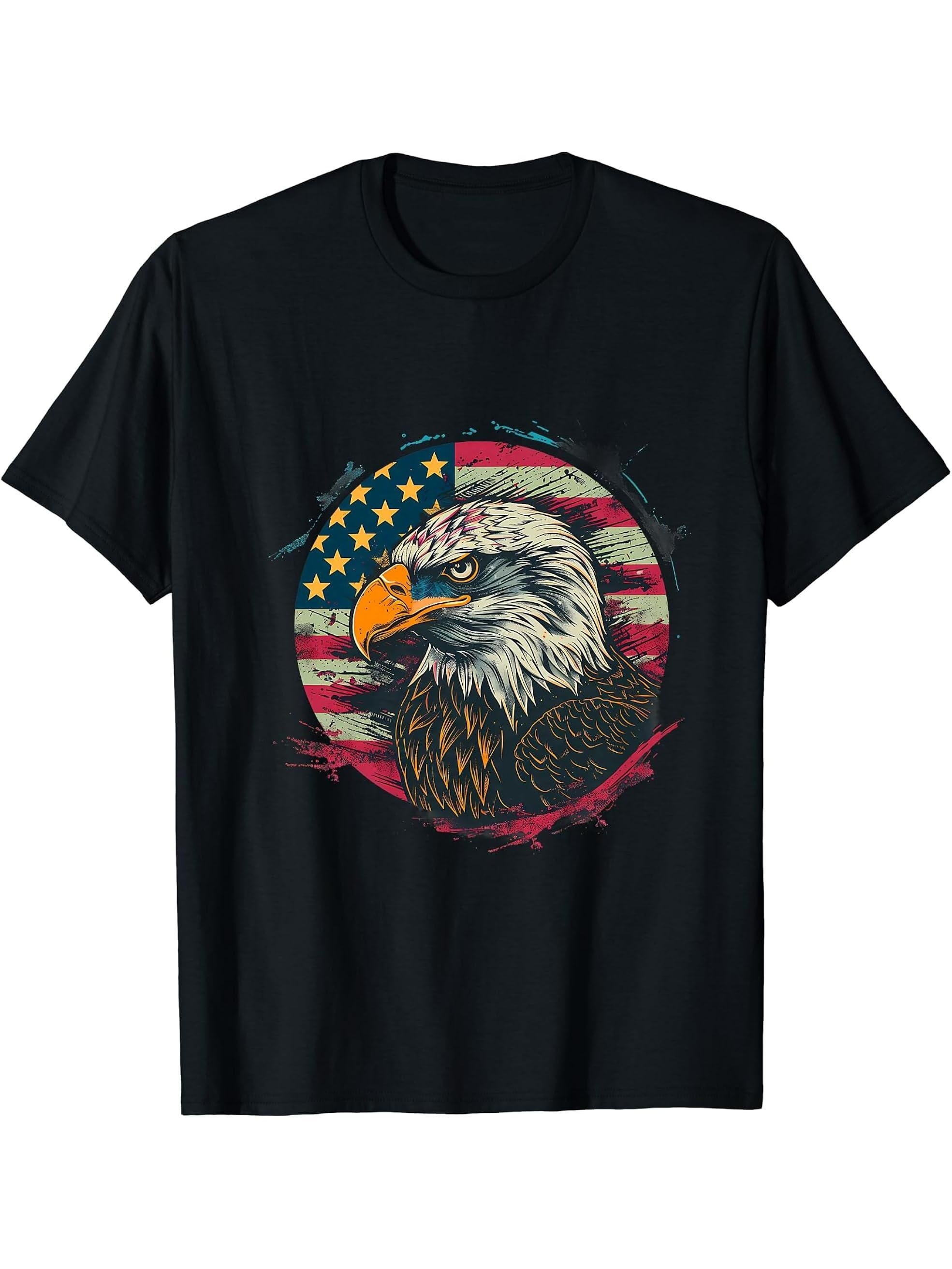 Fourth Of July American Flag Bald Eagle 4th Of July America T-Shirt 180G 100% Cotton Printed Round Neck Short-Sleeve T-Shirt, Gifts for Men Dad Husband Grandpa, S-XXXL, Black