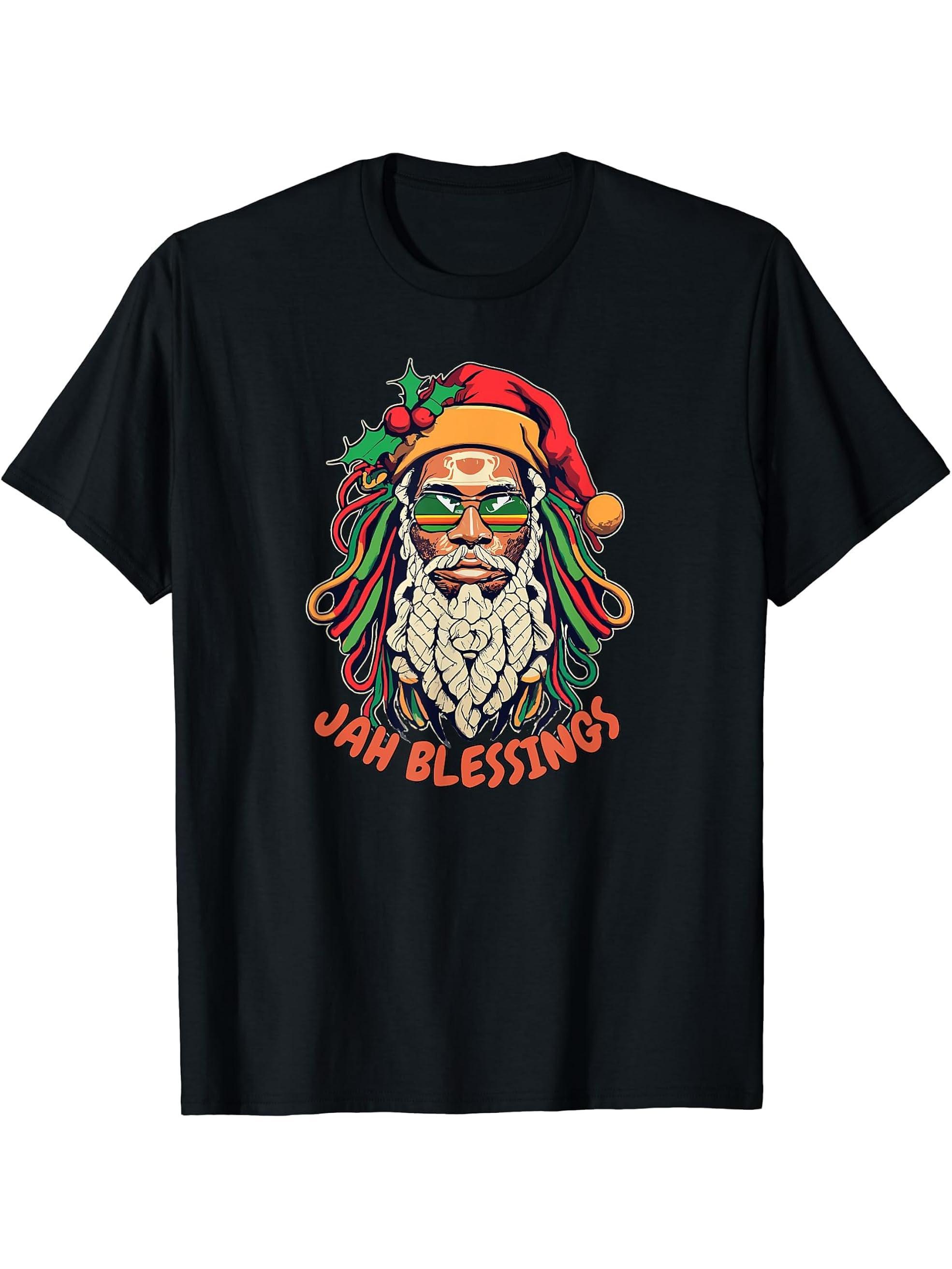 Funny Rasta Jah Blessings Rastafarian Santa Claus Christmas T-Shirt 180G 100% Cotton Printed Round Neck Short-Sleeve T-Shirt, Gifts for Men Dad Husband Grandpa, S-XXXL, Black