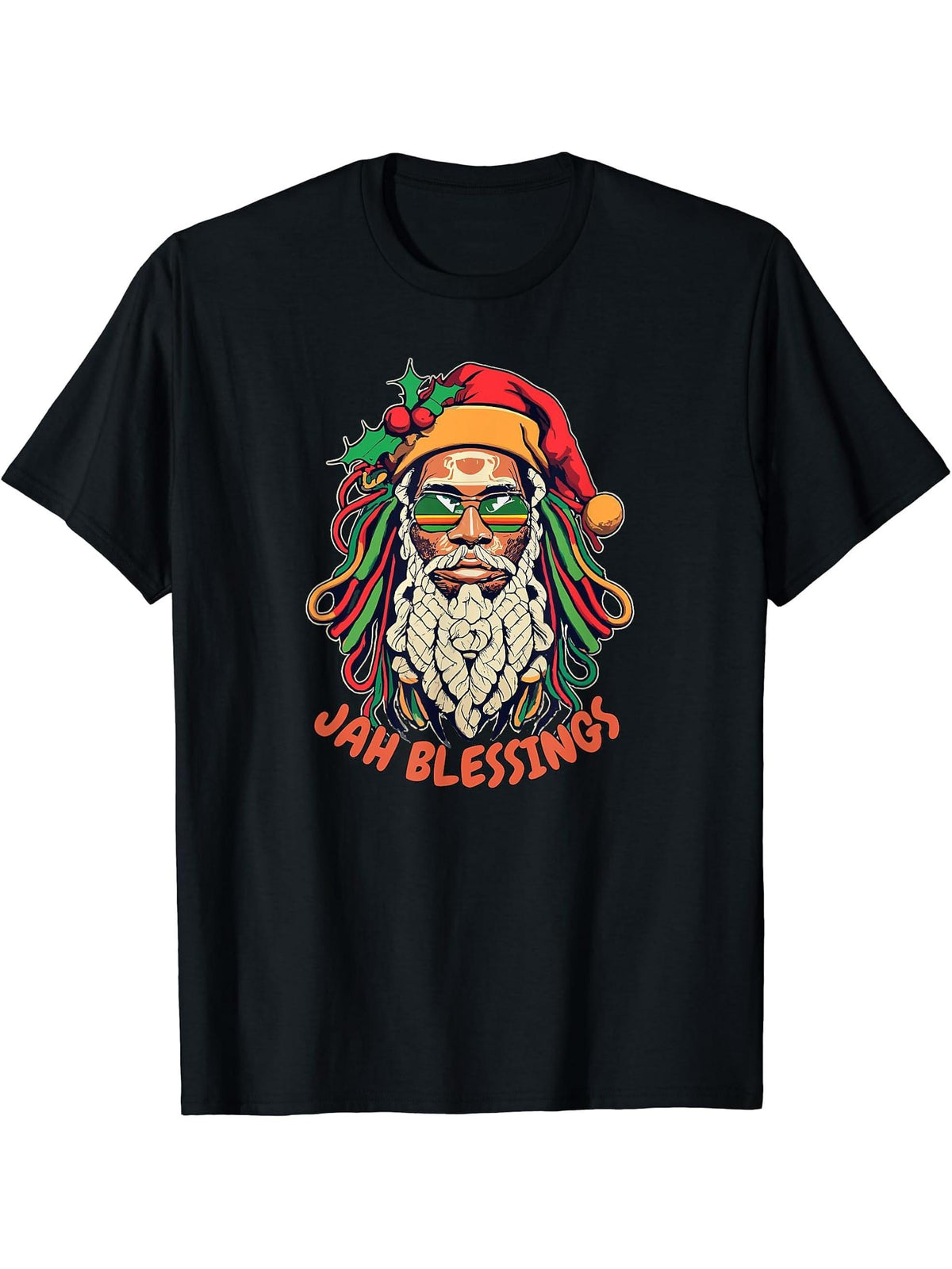 Funny Rasta Jah Blessings Rastafarian Santa Claus Christmas T-Shirt 180G 100% Cotton Printed Round Neck Short-Sleeve T-Shirt, Gifts for Men Dad Husband Grandpa, S-XXXL, Black