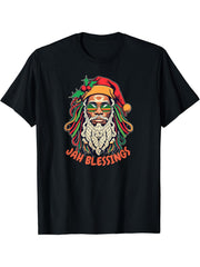 Funny Rasta Jah Blessings Rastafarian Santa Claus Christmas T-Shirt 180G 100% Cotton Printed Round Neck Short-Sleeve T-Shirt, Gifts for Men Dad Husband Grandpa, S-XXXL, Black