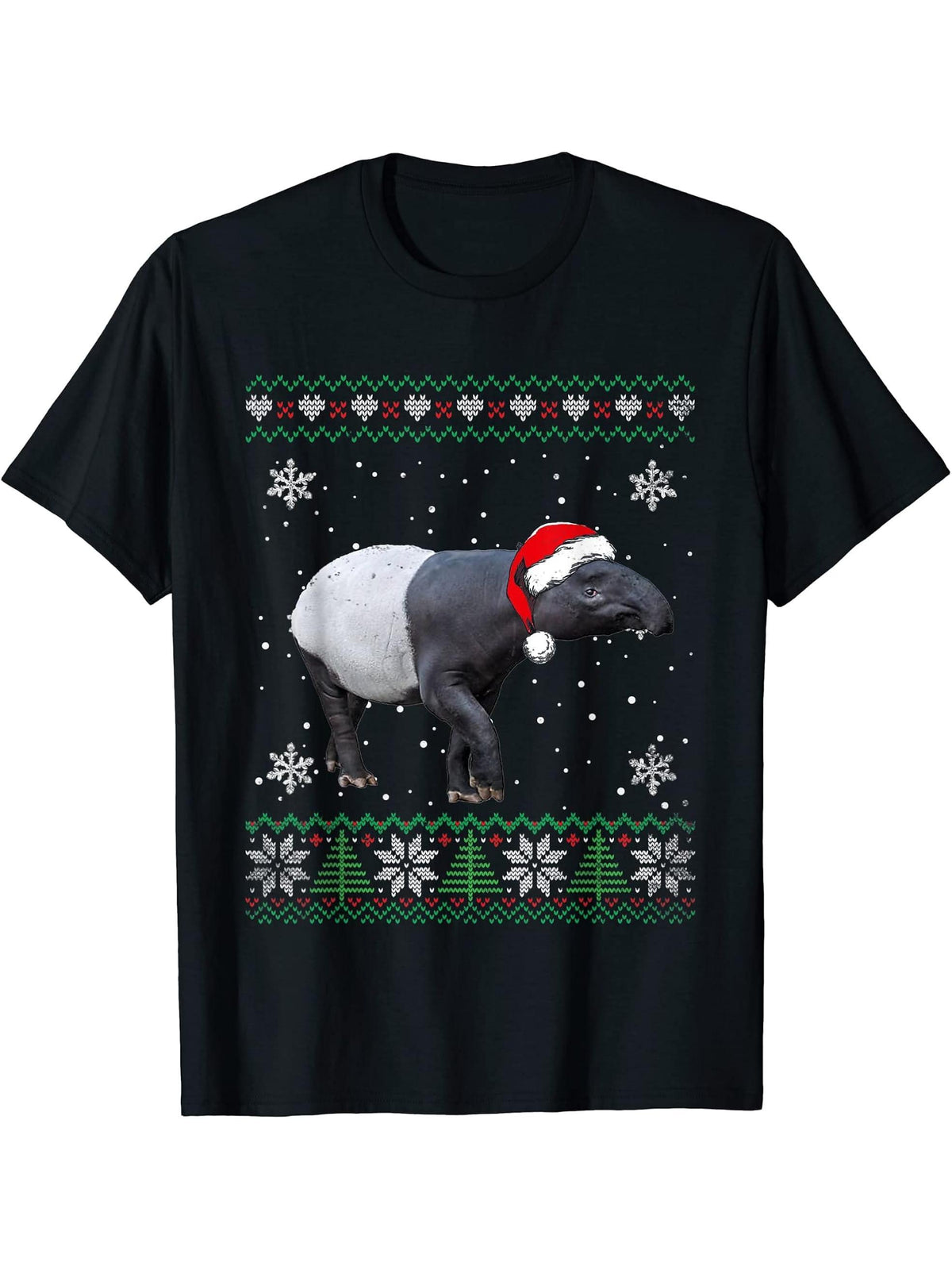 Santa Tapir Ugly Sweater Animals Christmas Pajama T-Shirt 180G 100% Cotton Printed Round Neck Short-Sleeve T-Shirt, Gifts for Men Dad Husband Grandpa, S-XXXL, Black