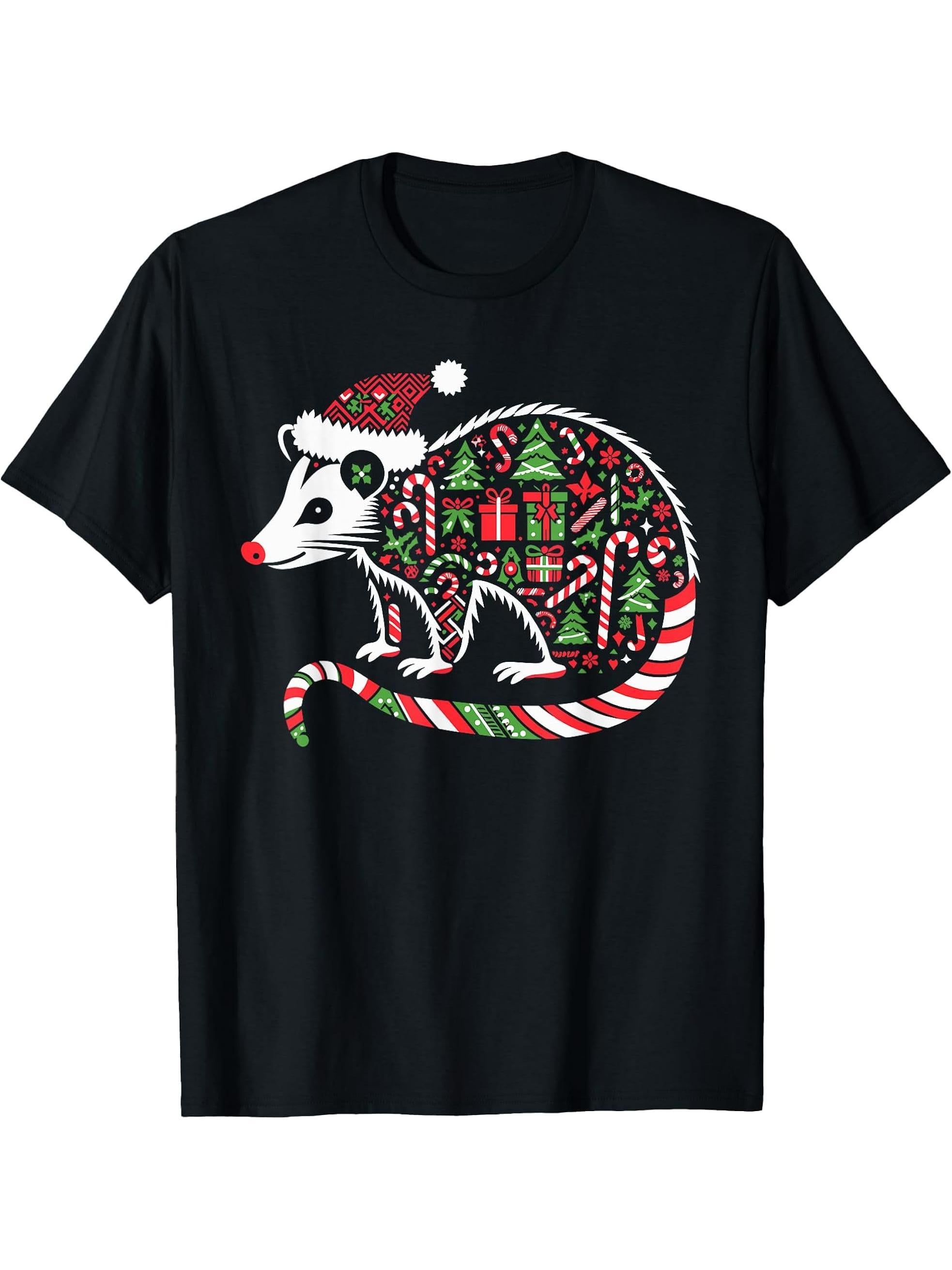 Christmas Tree Candy Possum Santa Christmas Womens Mens Boy Girl T-Shirt 180G 100% Cotton Printed Round Neck Short-Sleeve T-Shirt, Gifts for Men Dad Husband Grandpa, S-XXXL, Black