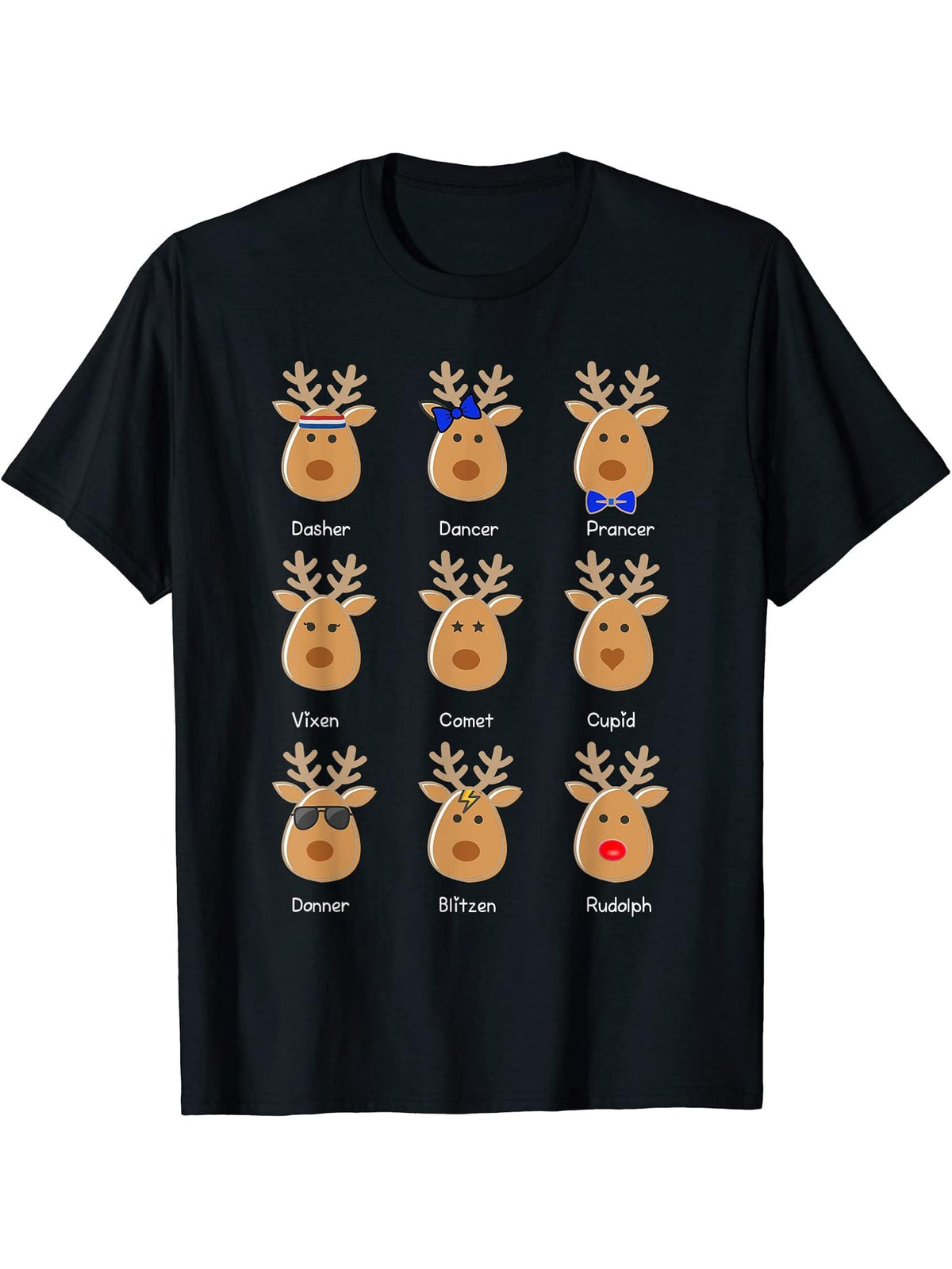 Cute Rudolph the Red Nose Reindeer Christmas T-shirt 180G 100% Cotton Printed Round Neck Short-Sleeve T-Shirt, Gifts for Men Dad Husband Grandpa, S-XXXL, Black
