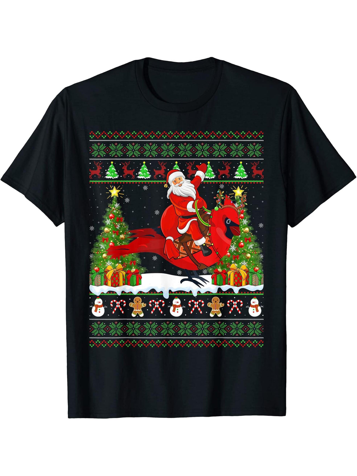 Xmas Sweater Ugly Santa Riding Cardinal Bird Christmas T-Shirt 180G 100% Cotton Printed Round Neck Short-Sleeve T-Shirt, Gifts for Men Dad Husband Grandpa, S-XXXL, Black