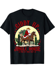 Giddy Up Jingle Horse Pick Up Your Feet Santa Riding' Horse T-Shirt 180G 100% Cotton Printed Round Neck Short-Sleeve T-Shirt, Gifts for Men Dad Husband Grandpa, S-XXXL, Black