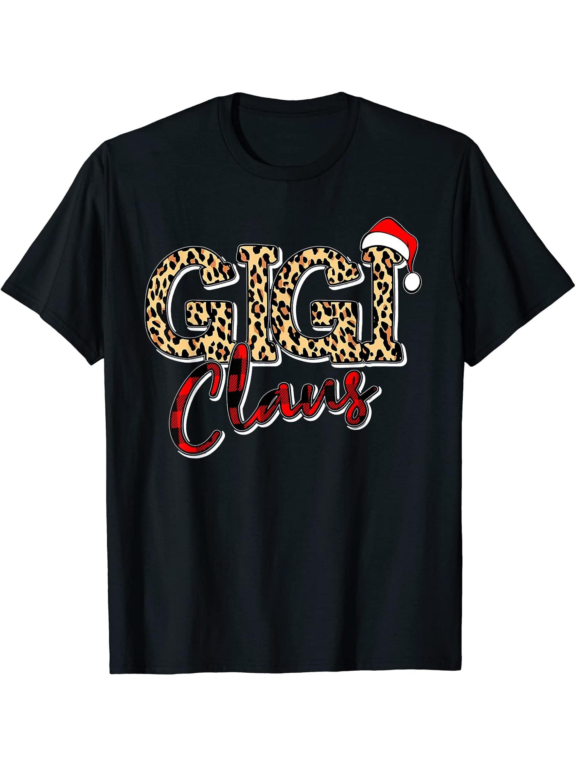 Grandma Christmas Santa Hat Gigi Claus Leopard Buffalo Plaid T-Shirt 180G 100% Cotton Printed Round Neck Short-Sleeve T-Shirt, Gifts for Men Dad Husband Grandpa, S-XXXL, Black
