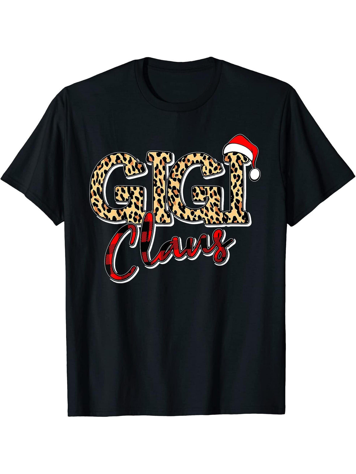 Grandma Christmas Santa Hat Gigi Claus Leopard Buffalo Plaid T-Shirt 180G 100% Cotton Printed Round Neck Short-Sleeve T-Shirt, Gifts for Men Dad Husband Grandpa, S-XXXL, Black