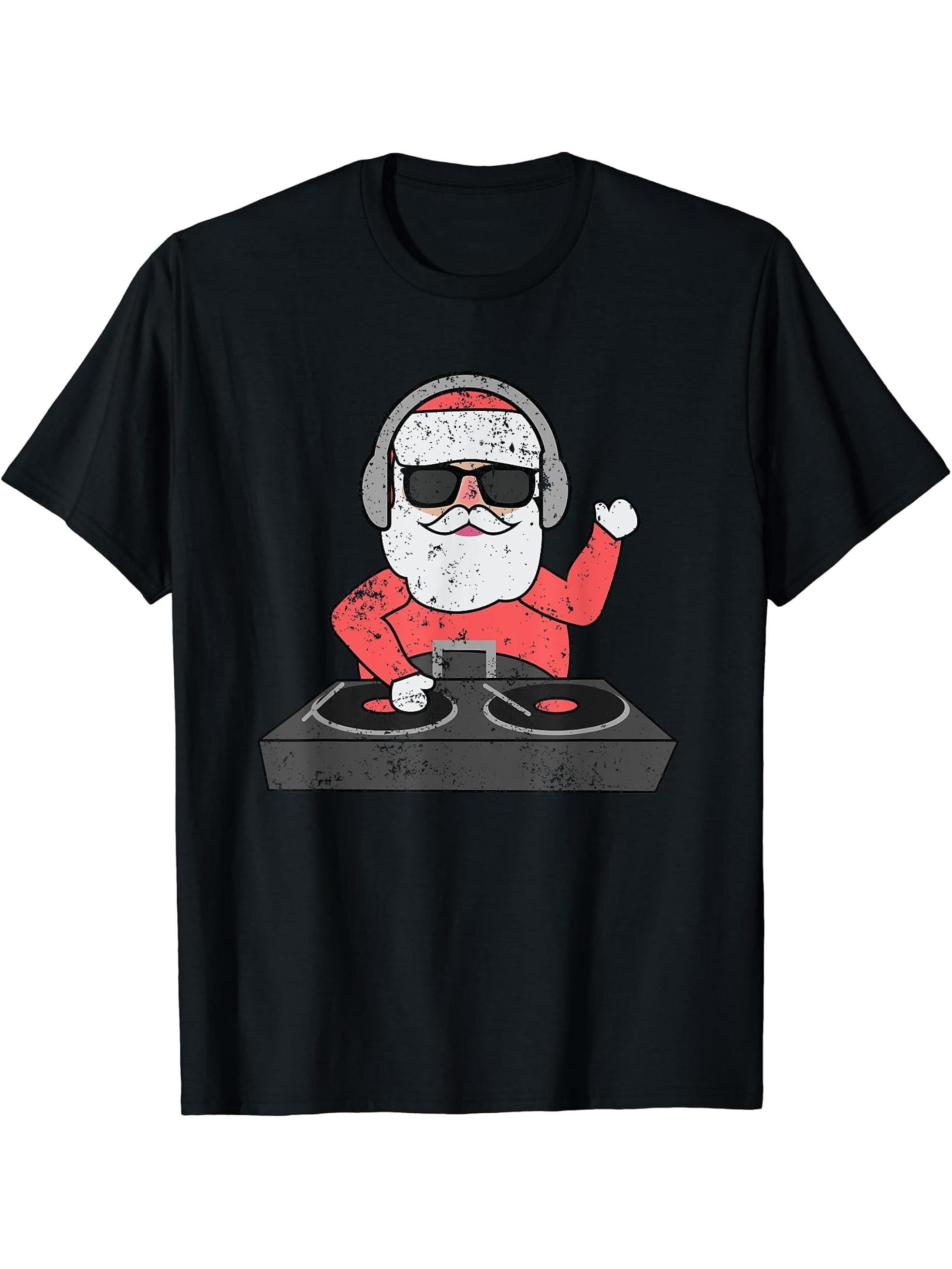 DJ Santa Shirt DJ Deep House Music Professional DJ Shirt 180G 100% Cotton Printed Round Neck Short-Sleeve T-Shirt, Gifts for Men Dad Husband Grandpa, S-XXXL, Black