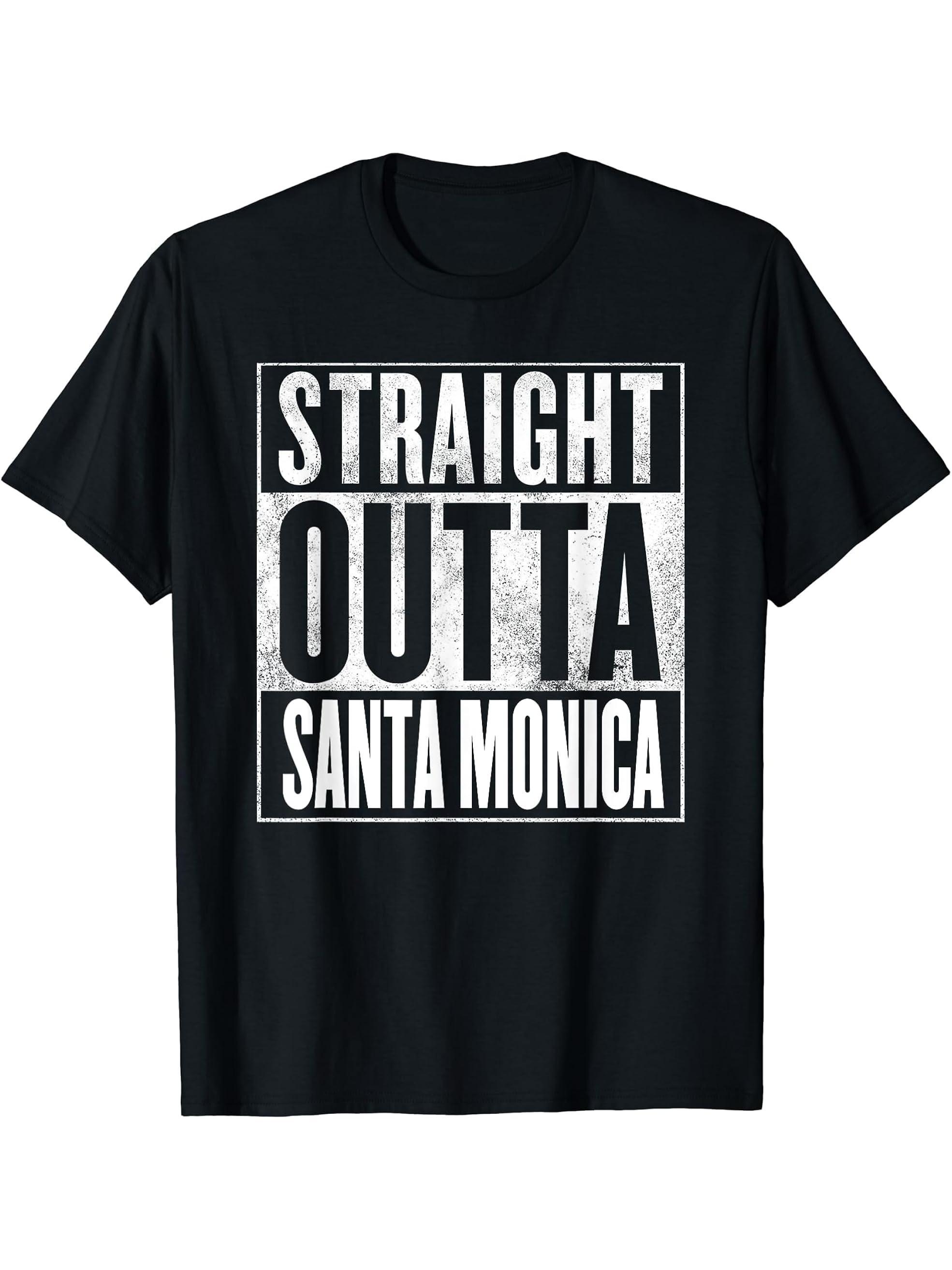 Santa Monica - Retro Straight Outta Santa Monica T-Shirt 180G 100% Cotton Printed Round Neck Short-Sleeve T-Shirt, Gifts for Men Dad Husband Grandpa, S-XXXL, Black