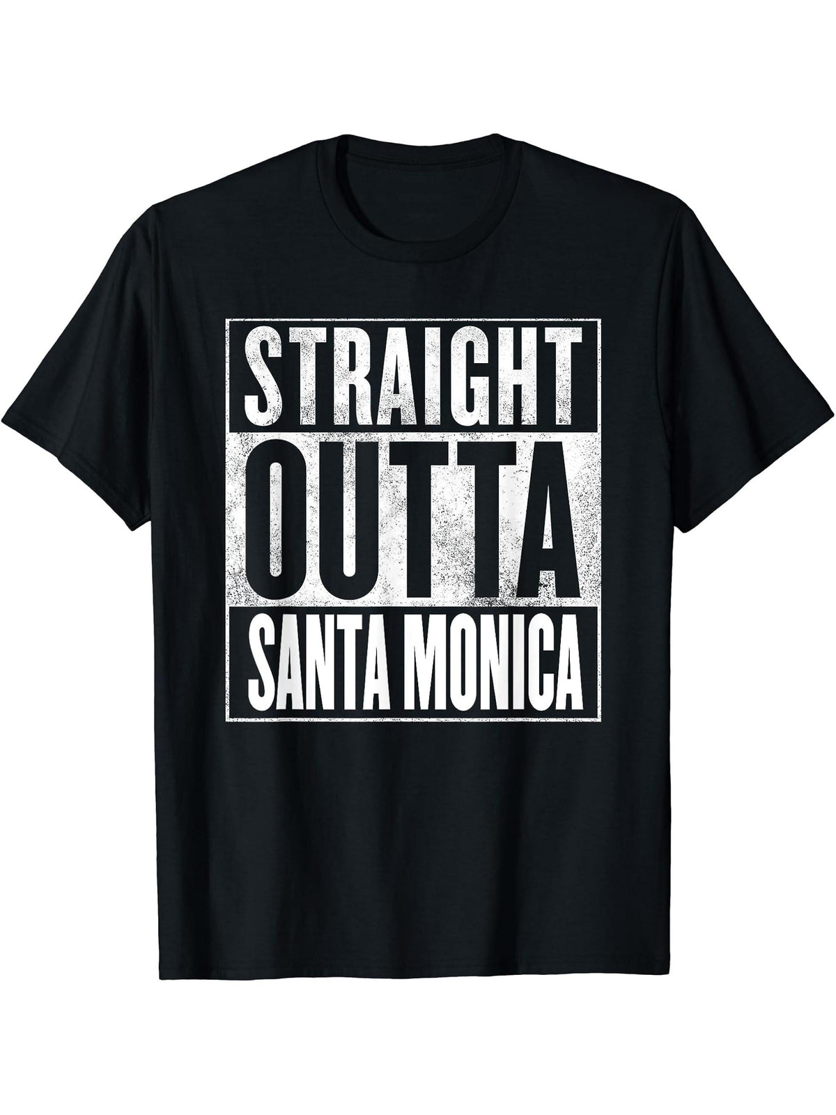 Santa Monica - Retro Straight Outta Santa Monica T-Shirt 180G 100% Cotton Printed Round Neck Short-Sleeve T-Shirt, Gifts for Men Dad Husband Grandpa, S-XXXL, Black