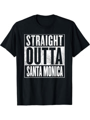 Santa Monica - Retro Straight Outta Santa Monica T-Shirt 180G 100% Cotton Printed Round Neck Short-Sleeve T-Shirt, Gifts for Men Dad Husband Grandpa, S-XXXL, Black